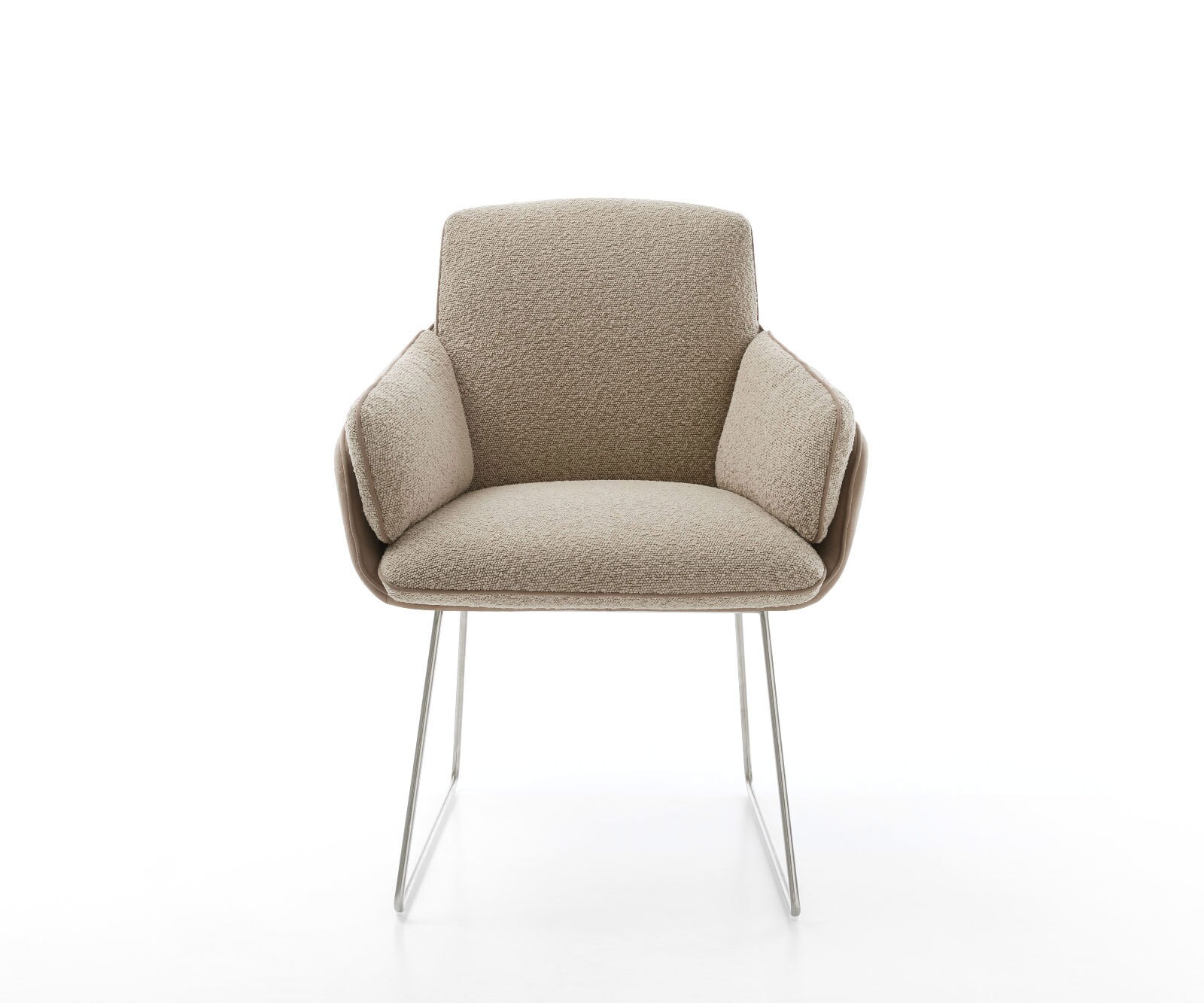 Chaise-de-salle-à-manger Luan-Flex avec accoudoirs tissu mixte couleur boue pied trapèze acier inoxydable brossé 1