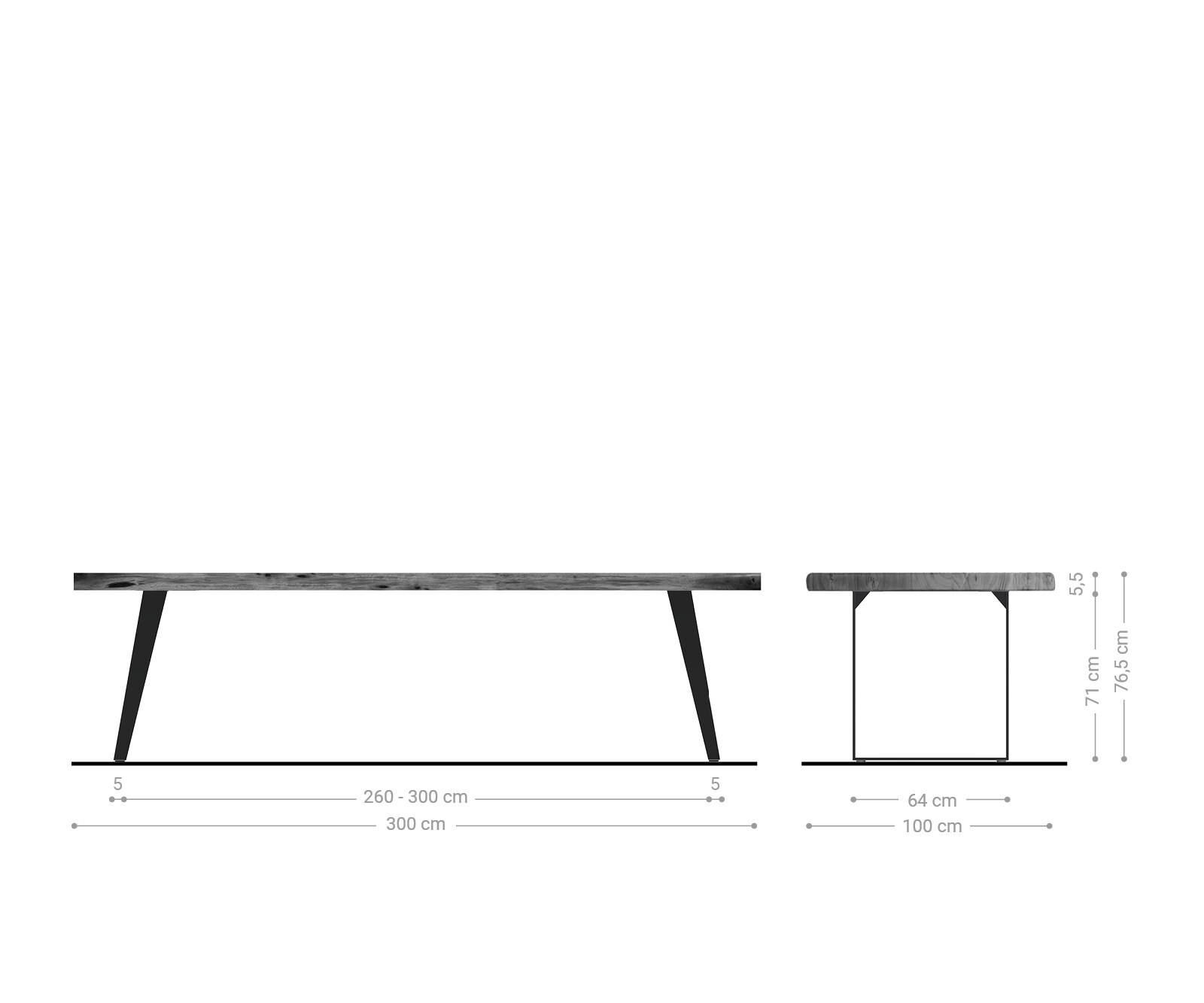 Esstisch Edge 300x100 XL Akazie Braun Metall Schräg Live-Edge 6