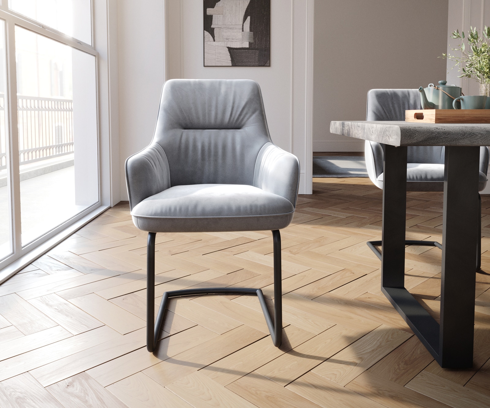 Cantilever Zelia-Flex avec accoudoirs velours gris pied cantilever rond noir ressorts ensachés 1 Cantilever Zelia-Flex avec accoudoirs velours gris pied cantilever rond noir ressorts ensachés 1