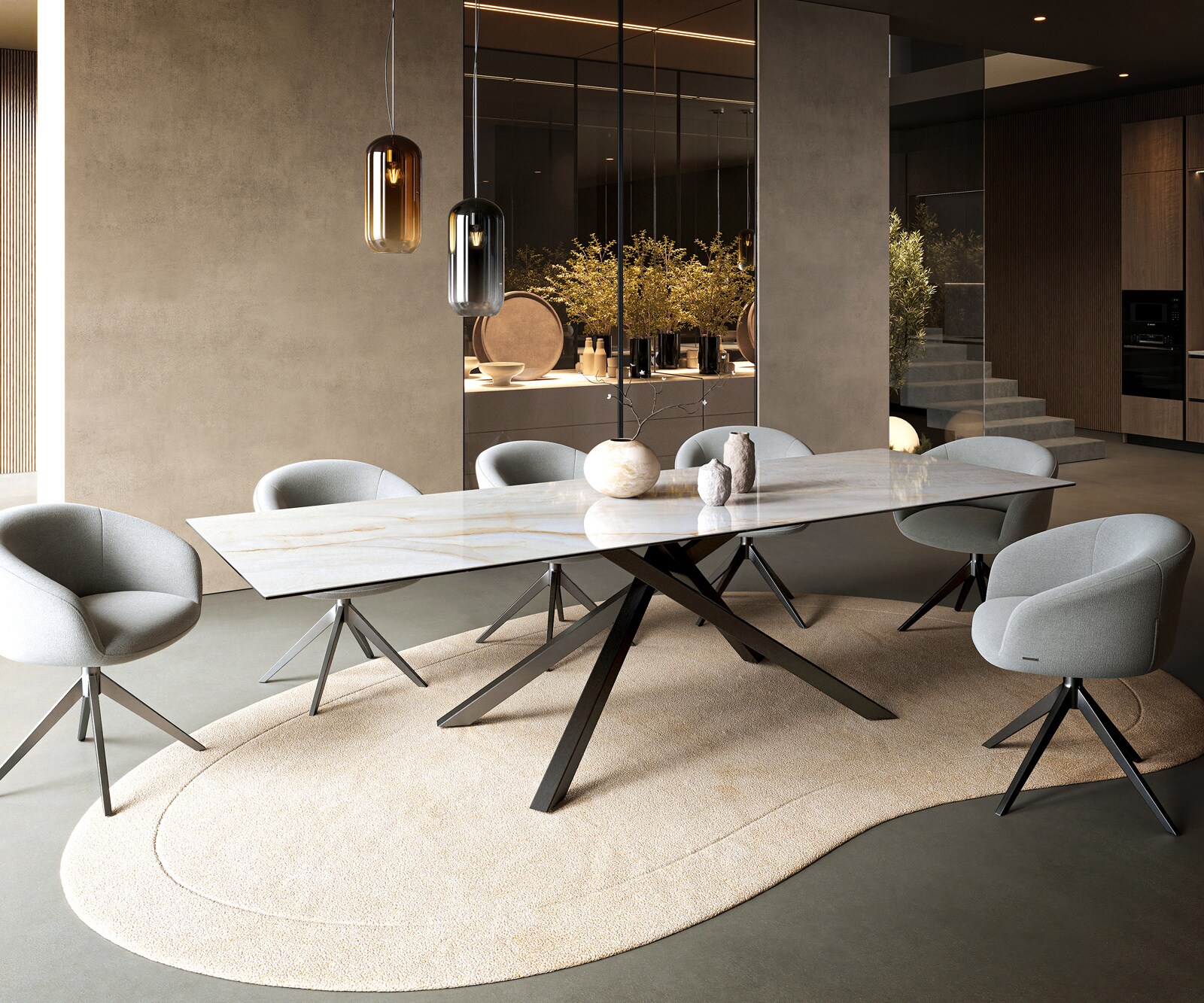 Esstisch Edge 300x100 cm Keramik Onyx Pearl Kreuzgestell Rechteck Edelstahl Graphit 6