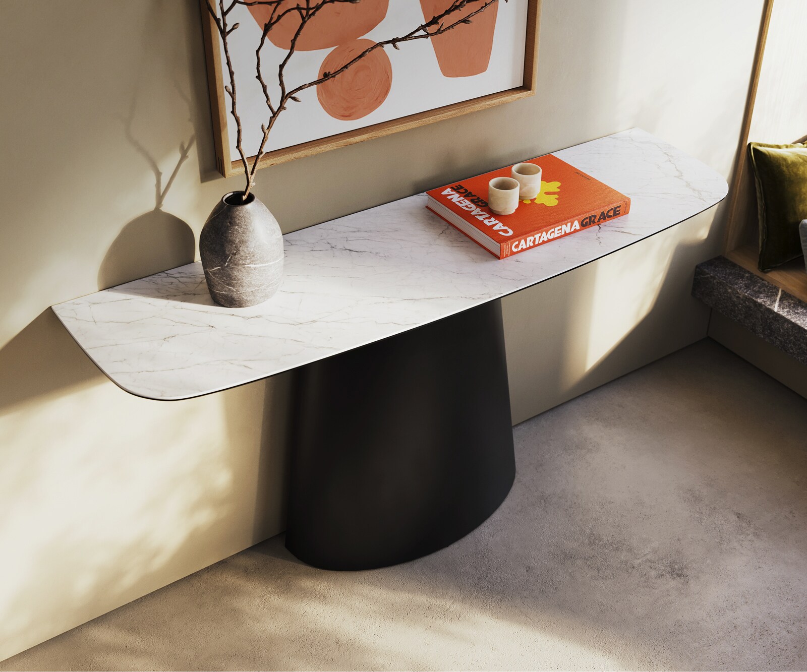 Konsolentisch Edge Boot 140x40 cm Keramik Laminam® Statuarietto Weiß Conos Metall Schwarz 1