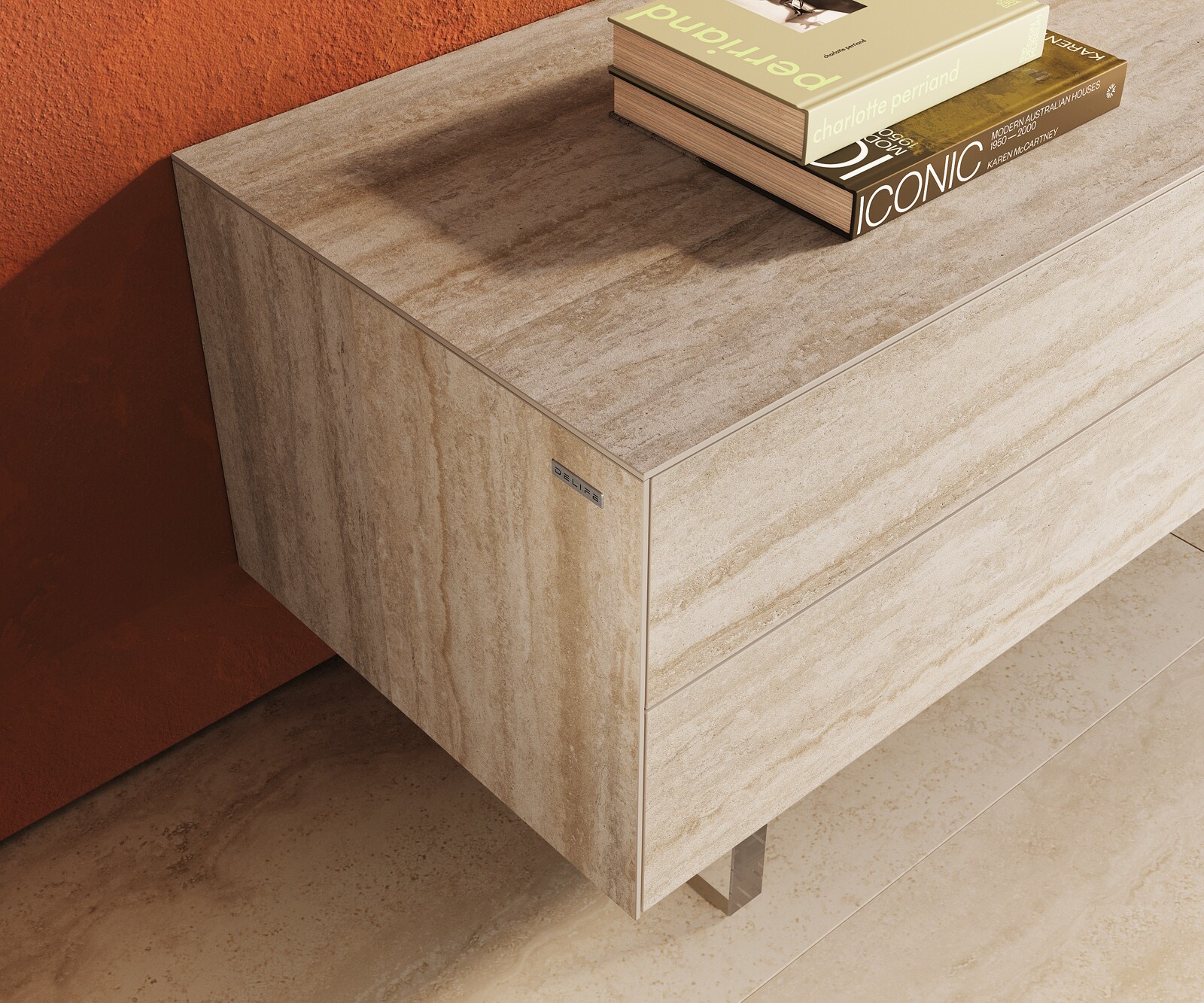 Lowboard Cuor 180 cm Keramik Laminam® Travertino Bianco Creme-Weiß 1 Klappe 2 Schubfächer Fuß Schwebeoptik Acrylglas 5