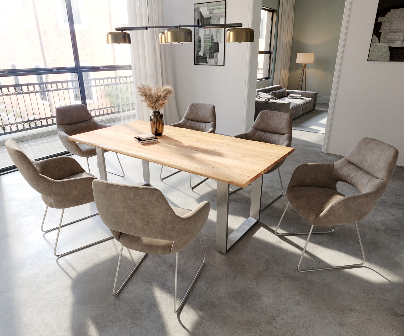 Chaise-de-salle-à-manger Yago-Flex avec accoudoirs microvelours taupe vintage pied trapèze acier inoxydable brossé ressorts ensachés 4