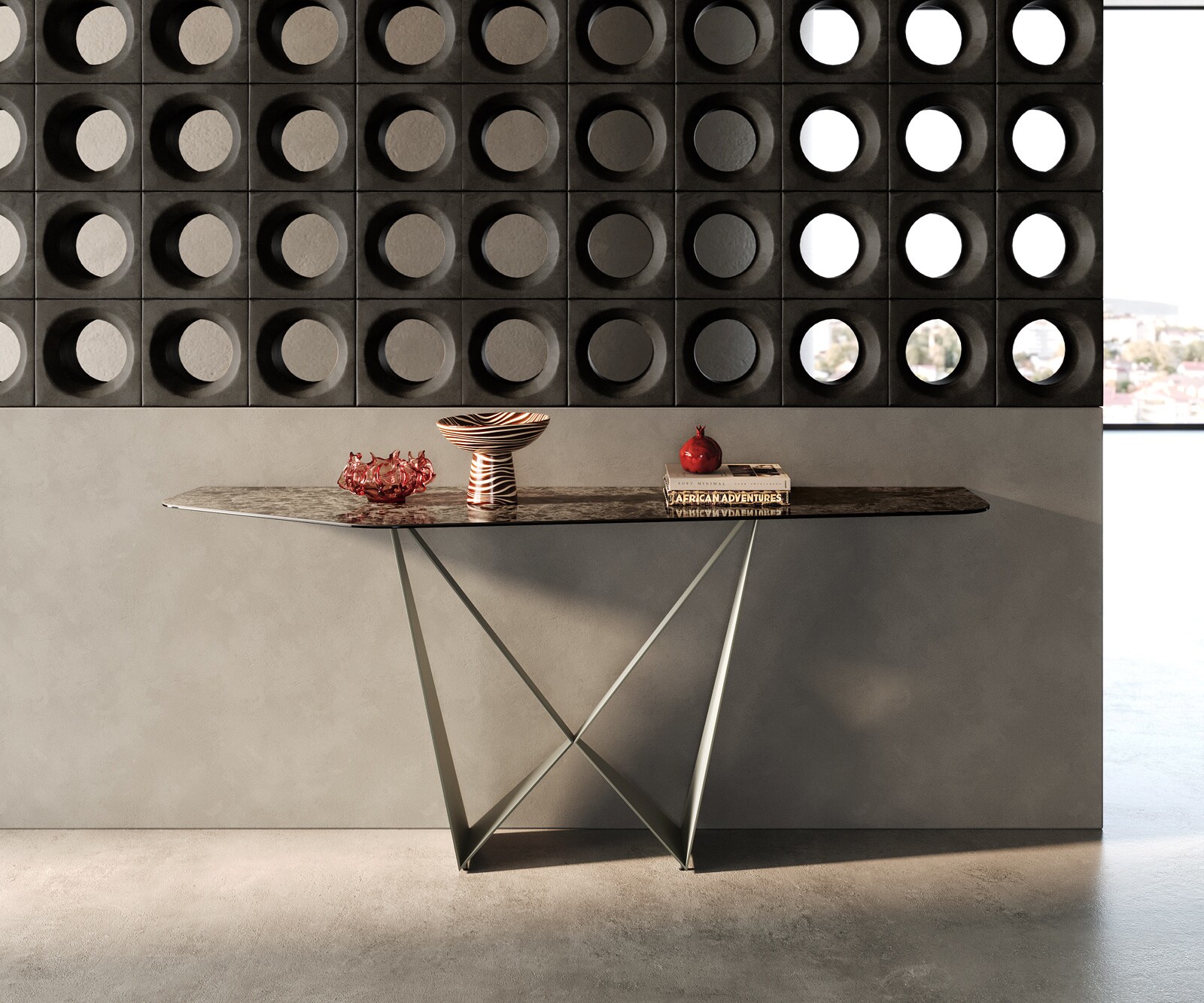 Console Edge Polygonal 180x50 cm Céramique Emperador Extra Lucidato Dunkelbraun Spios Métal Effektfinish Titan