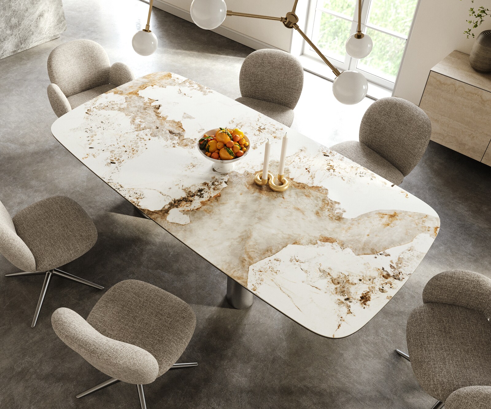 Esstisch Edge Boot 240x120 cm Keramik Minas Melange Weiß-Beige Troa Edelstahl gebürstet 3