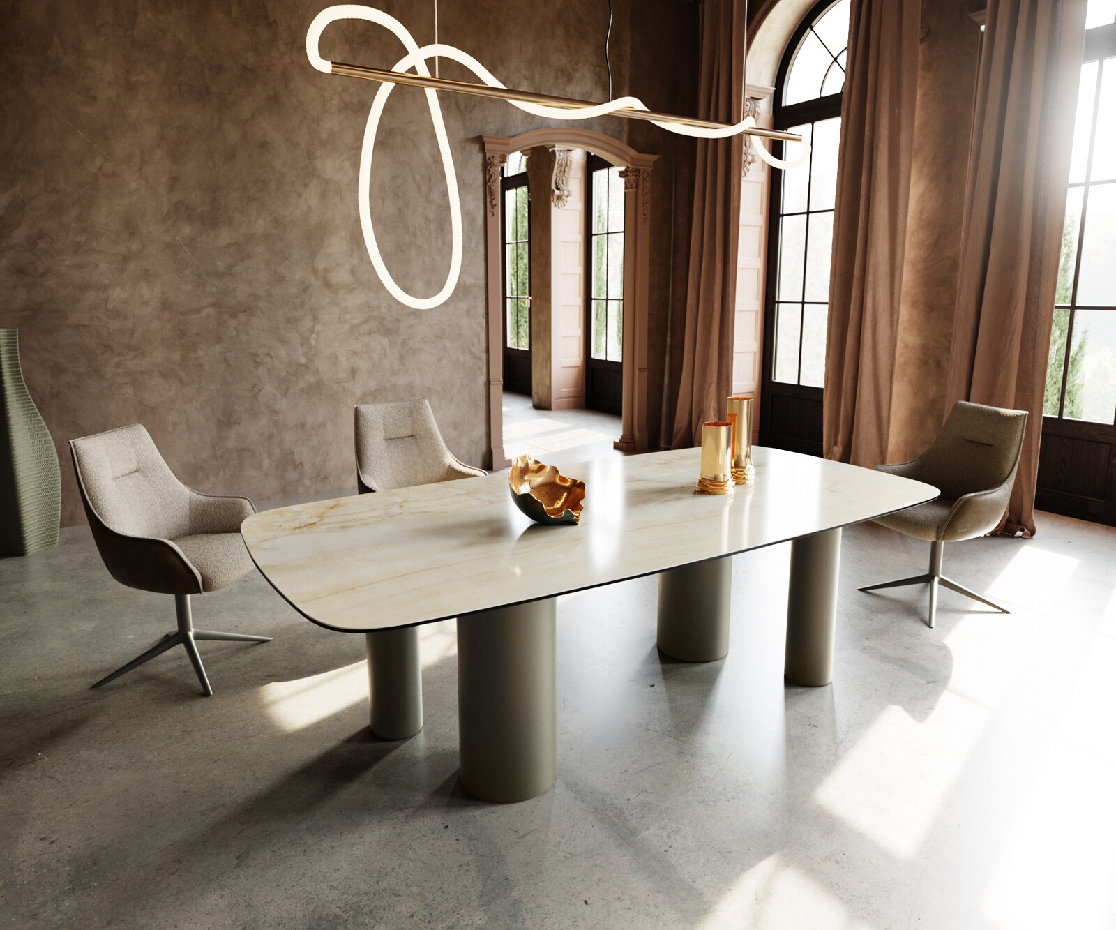 Table à manger Edge Boot 240x120 Céramique Iris FMG Onice Oro Pilier Métal finition à effet Titane