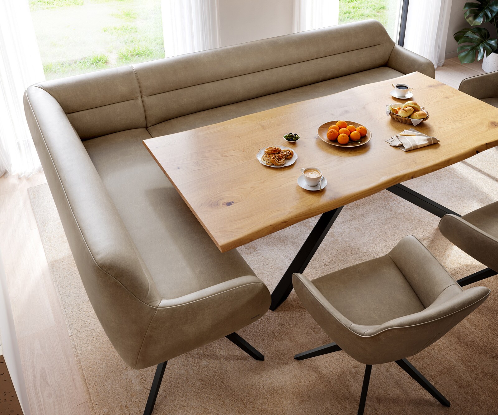 Esszimmerbank Taya-Flex 285x190 cm Mikrofaser Beige Vintage Kreuzgestell kantig Schwarz Taschenfederkern Rechts 3