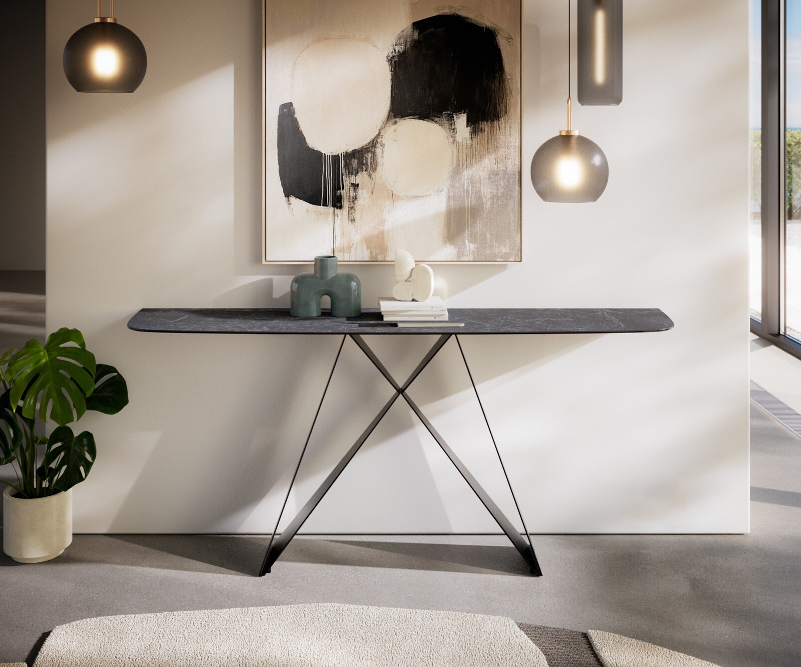 Console Edge forme bateau 180x40 cm Céramique Laminam® Nero Greco Anthrazit Velio Métal Noir 1