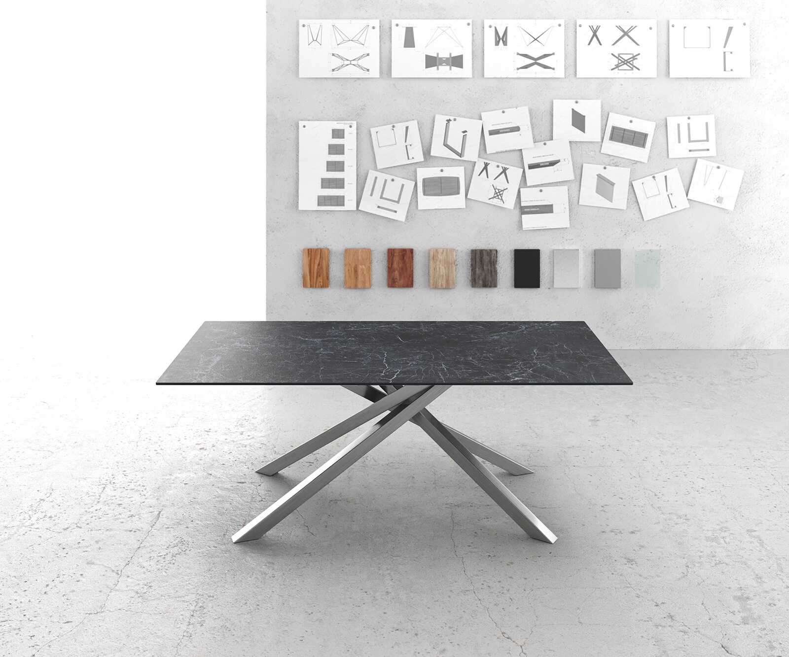 Esstisch Edge 200x100cm Keramik Laminam®Nero Greco Anthrazit Kreuzgestell Rechteck Edelstahl 1