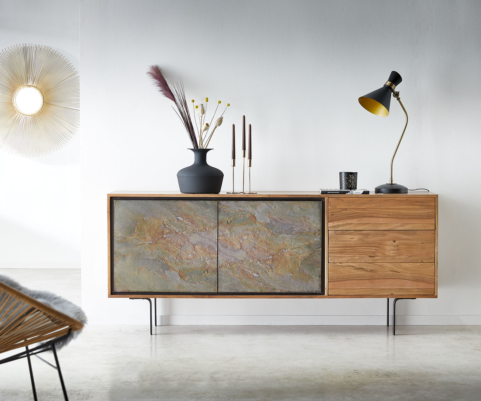 Sideboard Juwelo 175 cm Akazie Natur mit Steinfurnier  Sideboard Juwelo 175 cm Akazie Natur mit Steinfurnier