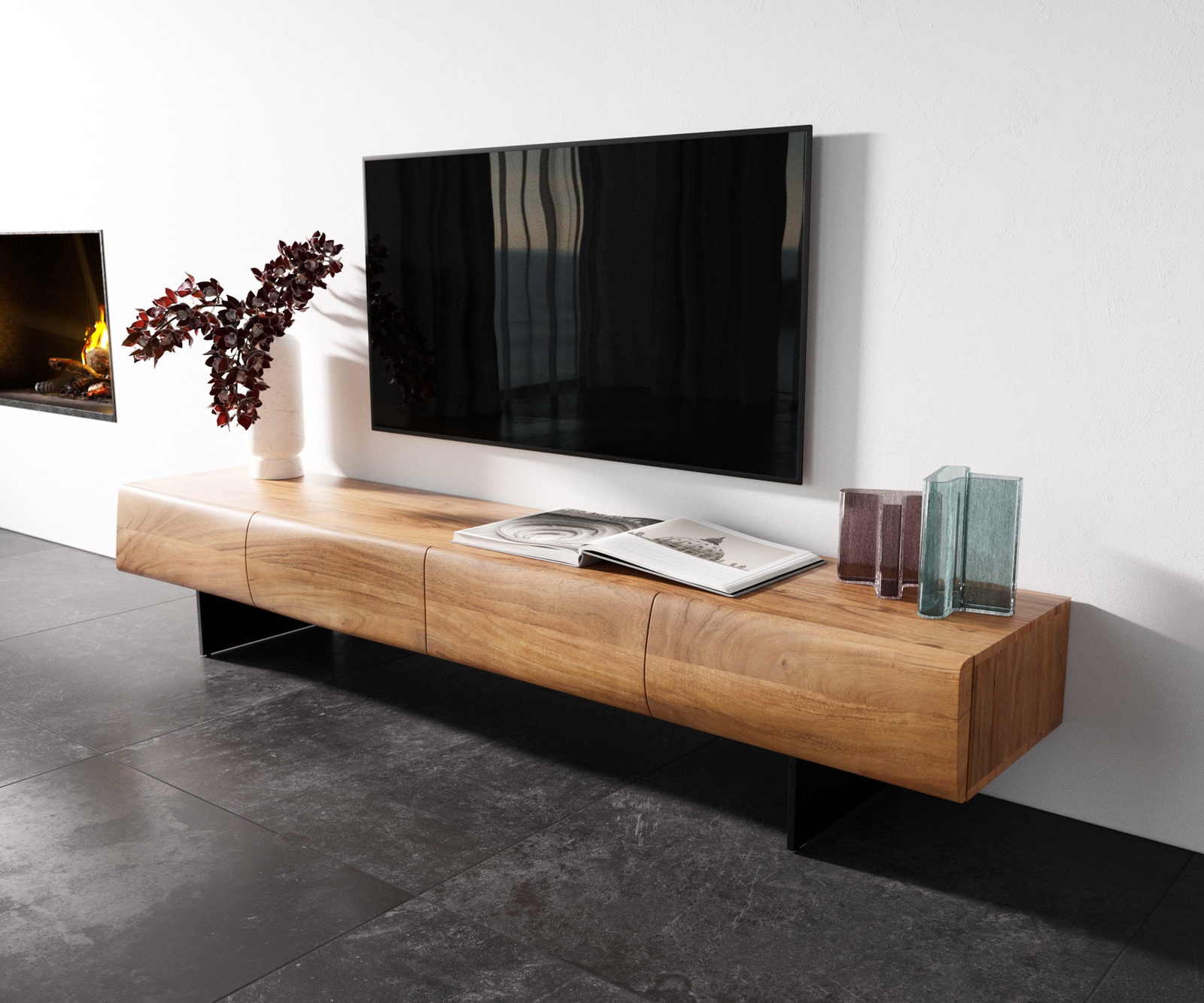 Meuble - TV New Live-Edge 200 cm acacia naturel 4 portes pied flottant métal noir Meuble - TV New Live-Edge 200 cm acacia naturel 4 portes pied flottant métal noir
