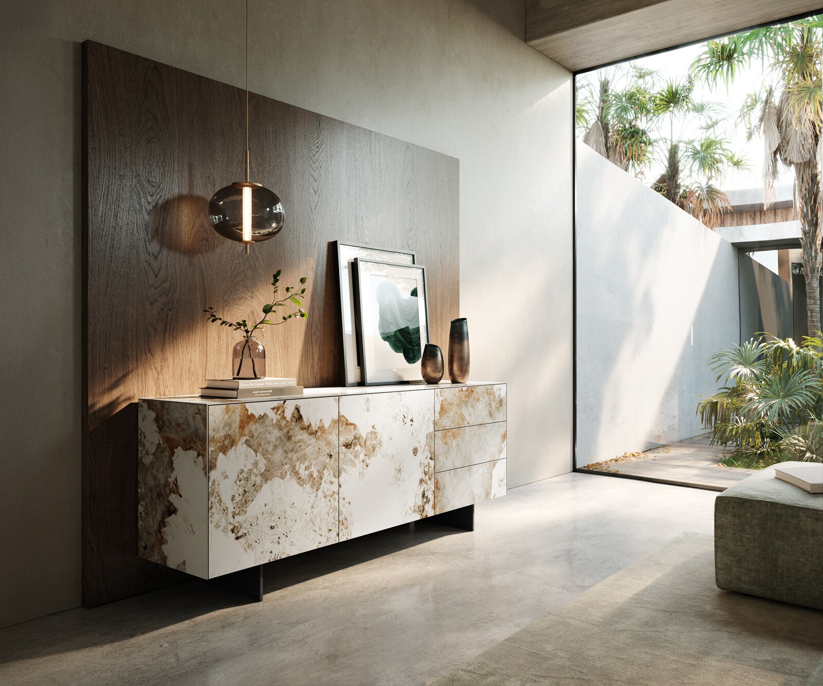 Sideboard Cuor 180 cm Keramik Minas Melange Weiß-Beige 2 Türen 3 Schubfächer Fuß Schwebeoptik Metall Schwarz 1