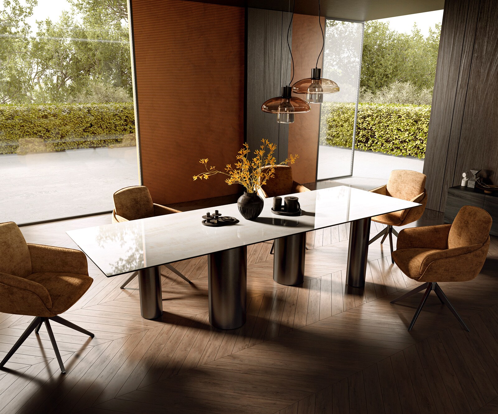 Esstisch Edge 300x100 cm Keramik Onyx Champagne Pilier Edelstahl Graphit 7