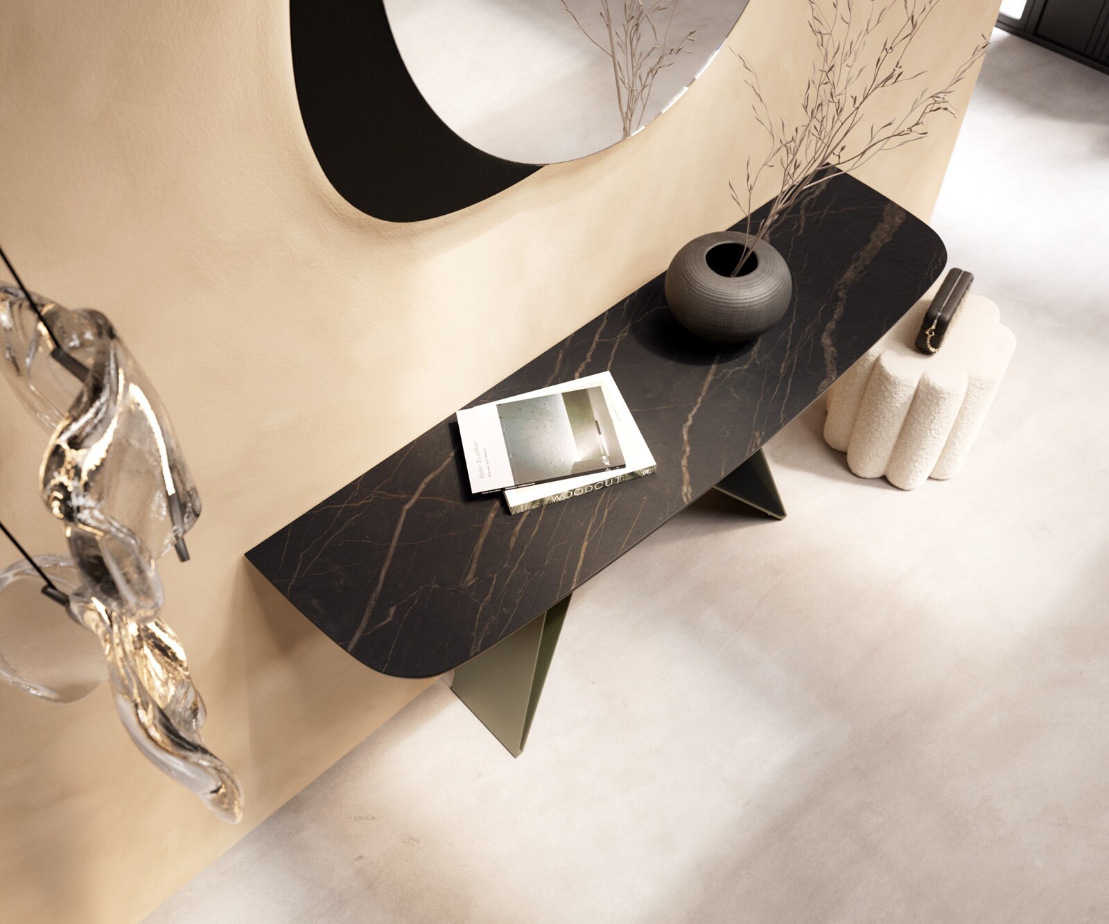 Konsolentisch Edge Boot 140x40 cm Keramik Laminam® Noir Desir Braun Velio Metall Effektfinish Titan 2