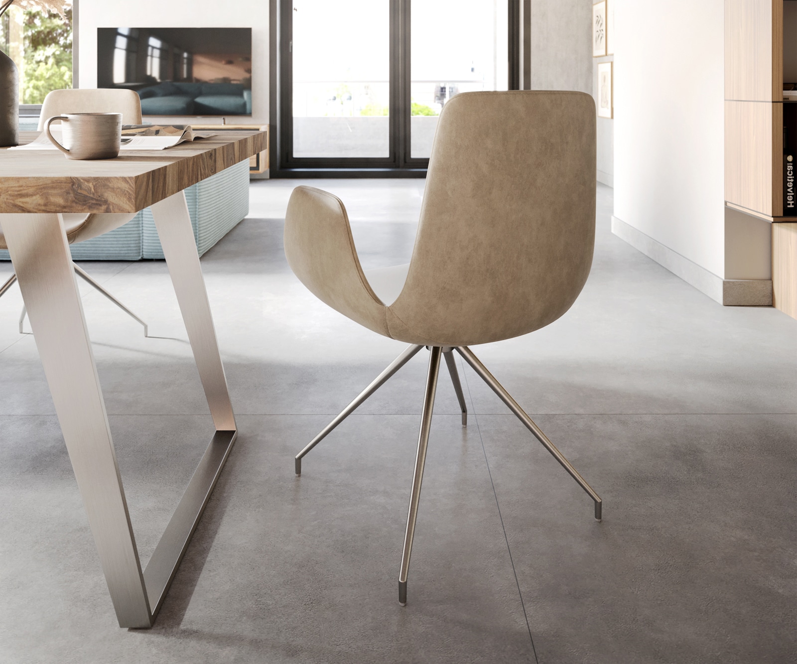 Esszimmerstuhl Ilia-Flex mit Armlehnen Mikrofaser Beige Vintage Kreuzgestell konisch Edelstahl 5 Esszimmerstuhl Ilia-Flex mit Armlehnen Mikrofaser Beige Vintage Kreuzgestell konisch Edelstahl 5
