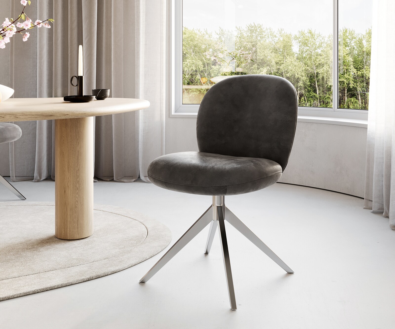 Chaise-pivotante Nube-Flex microvelours anthracite vintage pied croisé large acier inoxydable brossé pivotement sur 360° ressorts ensachés