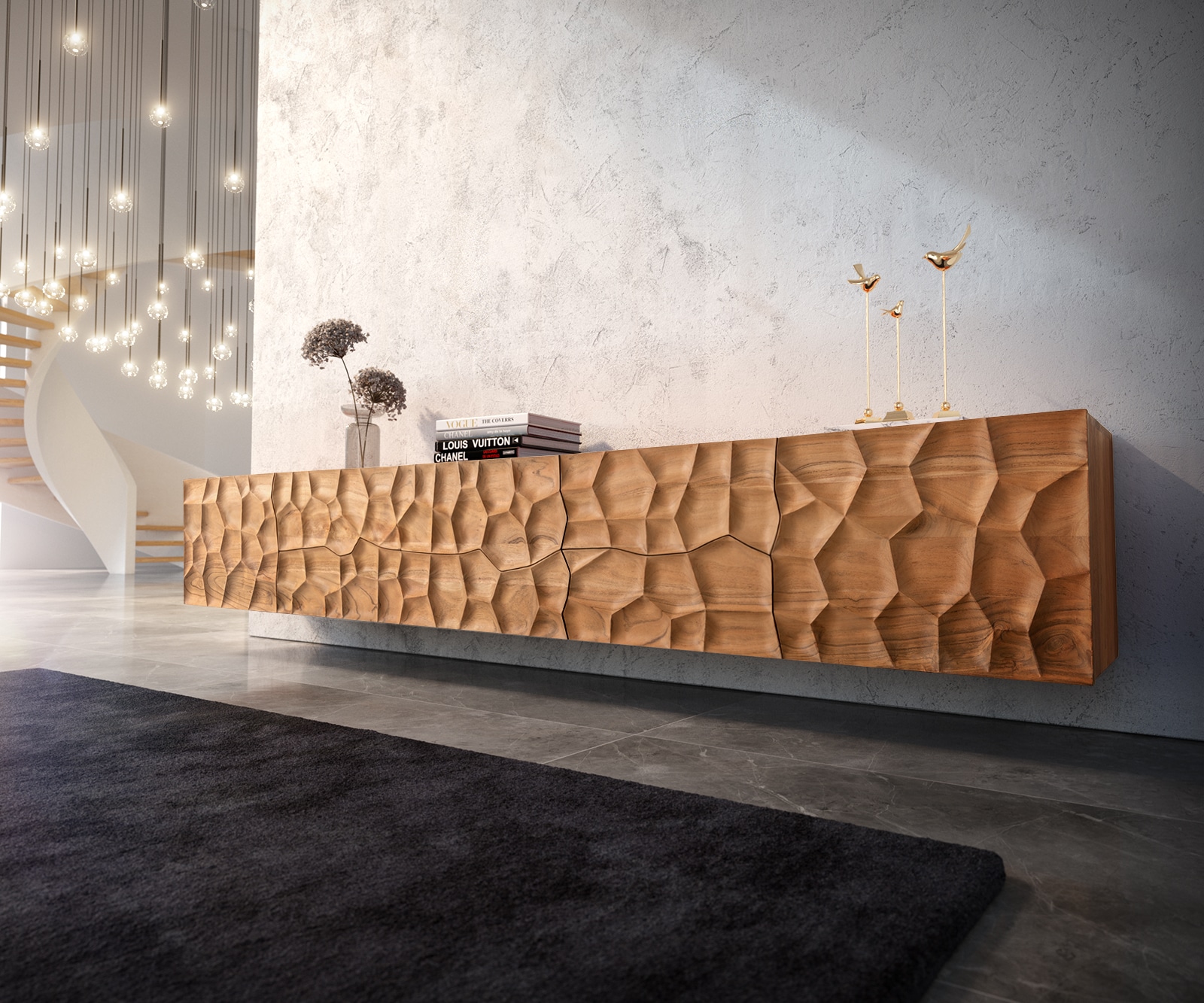 Lowboard Solu 260 cm Akazie Natur 2 Türen 6 Schübe schwebend 3D-Front Lowboard Solu 260 cm Akazie Natur 2 Türen 6 Schübe schwebend 3D-Front