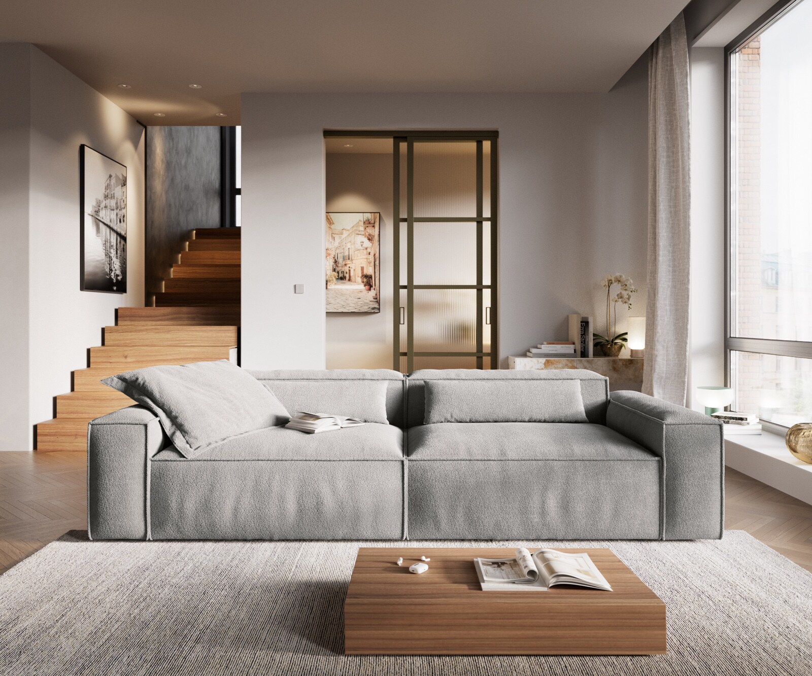 Bigsofa Freestyle 280x110 cm Tissu structuré doux Gris couture passepoilée 1