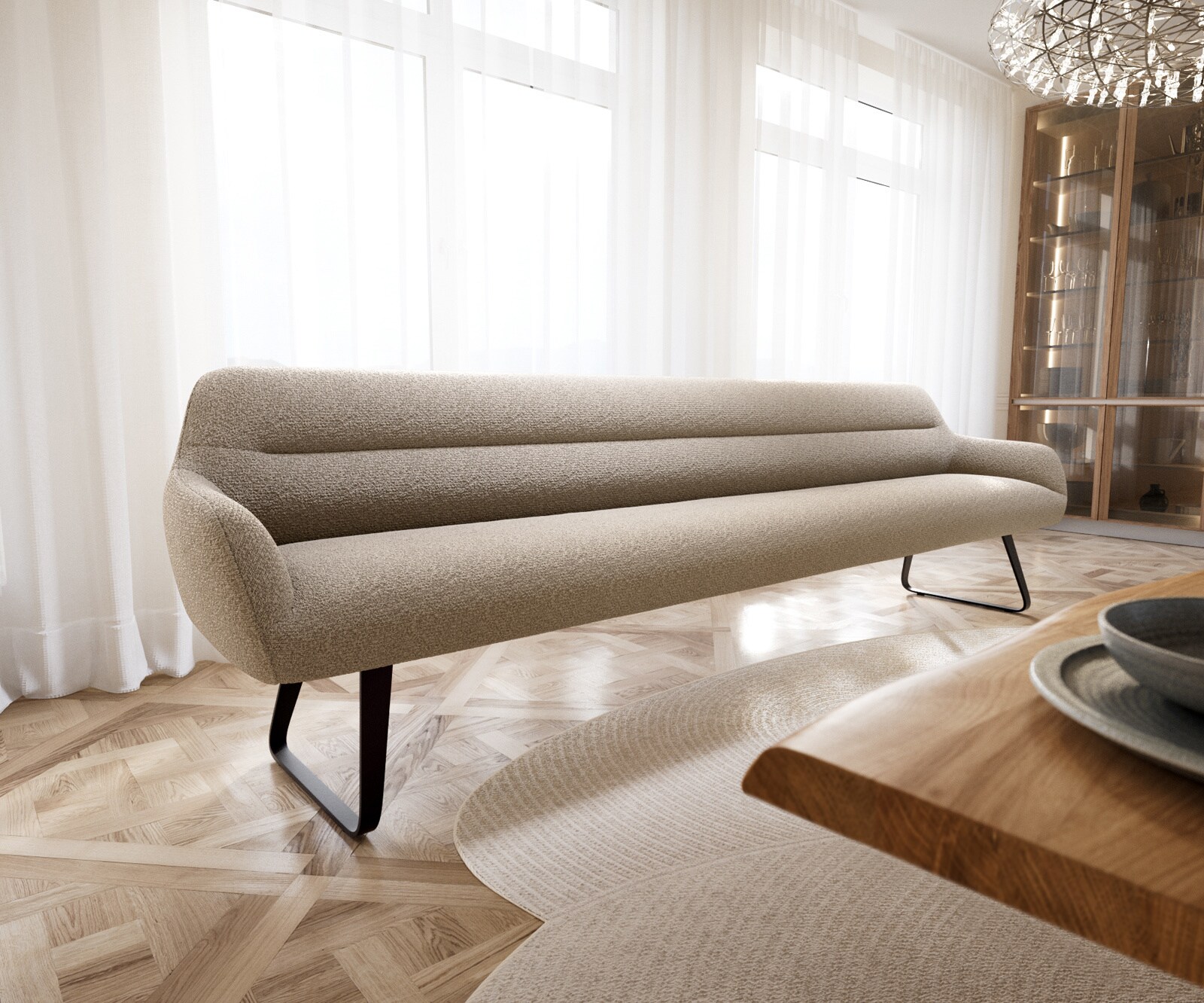 Esszimmerbank Taya-Flex 300 cm Bouclé Schlamm Kufengestell flach Schwarz Taschenfederkern