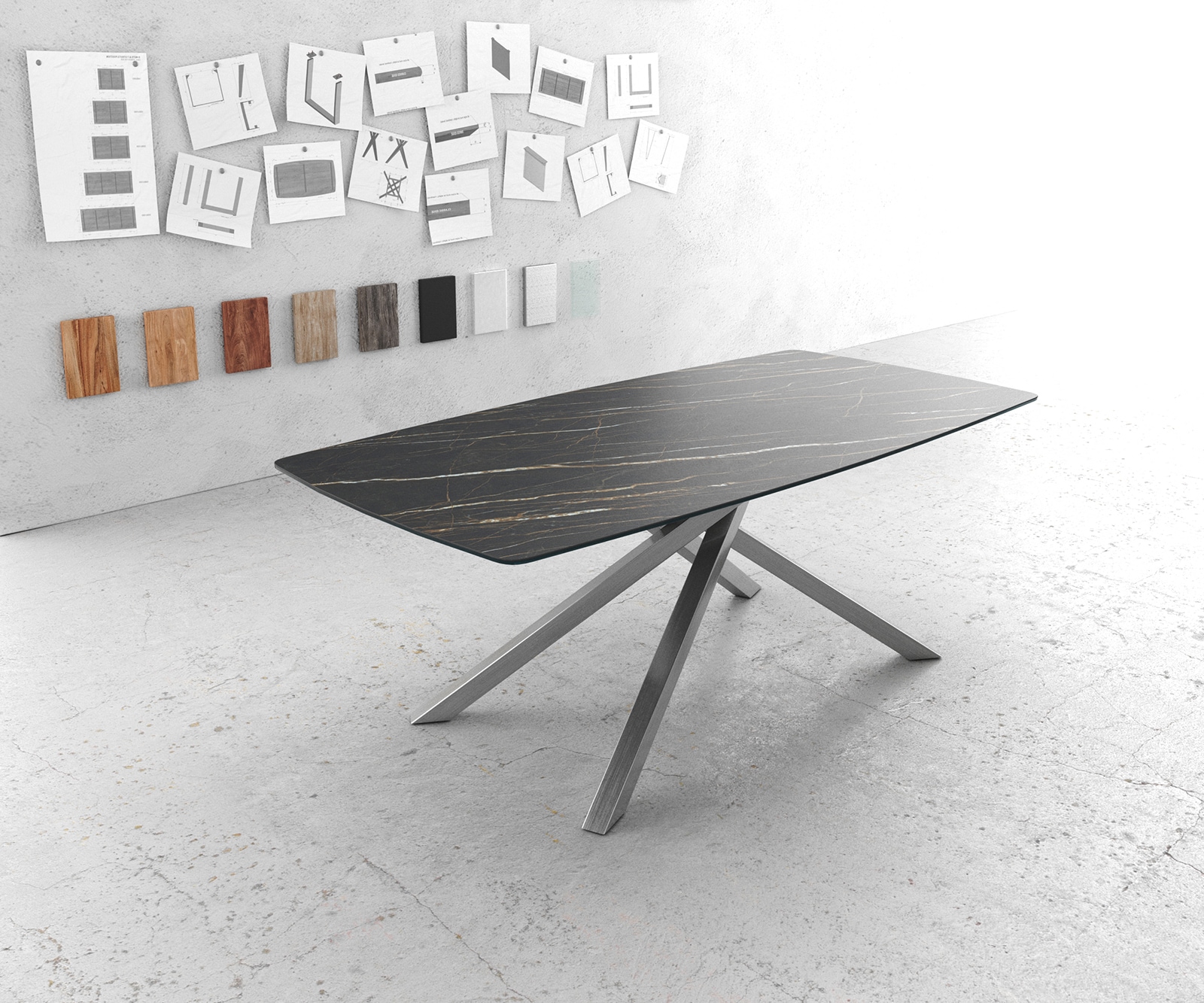 Esstisch Edge Bootsform 200x100cm Laminam® Keramik Noir Desir Braun Kreuzgestell Rechteck Edelstahl Esstisch Edge Bootsform 200x100cm Laminam® Keramik Noir Desir Braun Kreuzgestell Rechteck Edelstahl