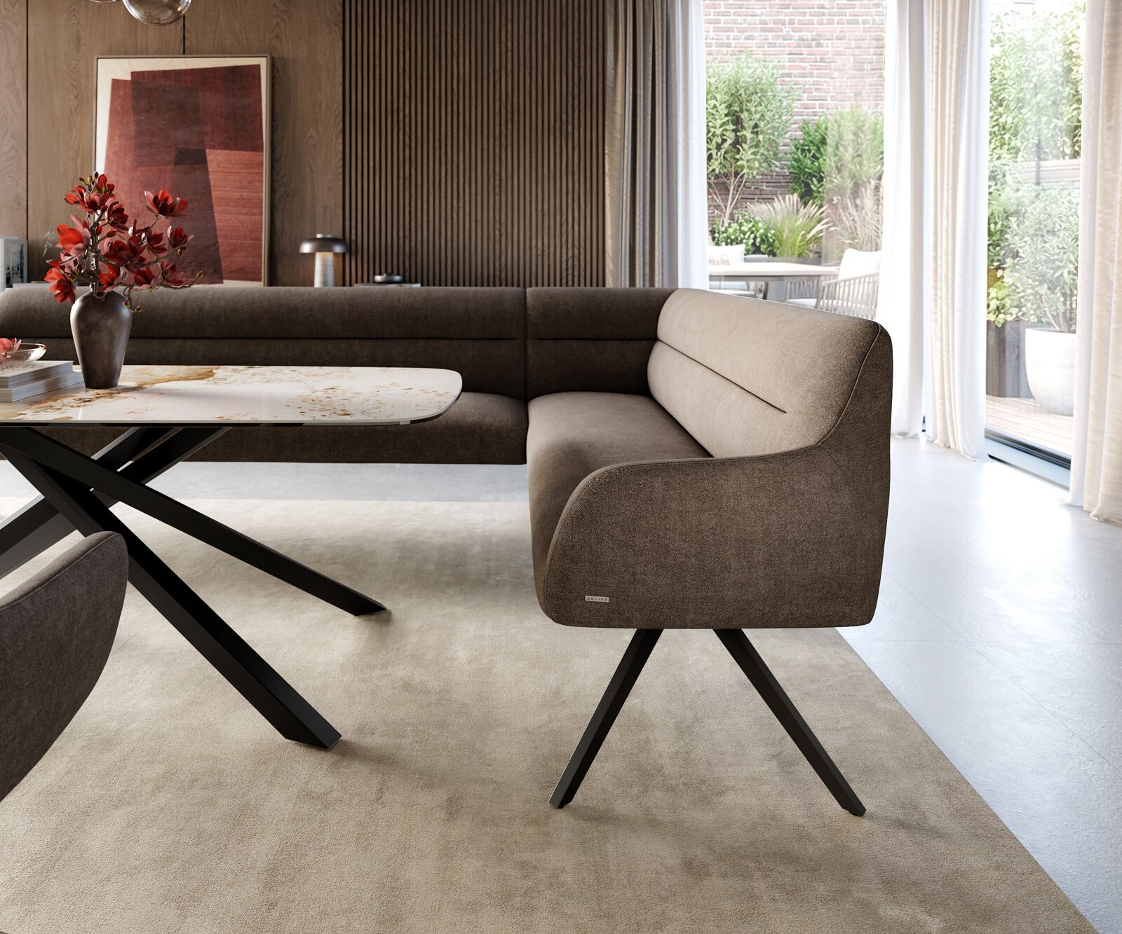 Esszimmerbank Taya-Flex 285x190 cm Strukturstoff Soft Taupe Kreuzgestell kantig Schwarz Taschenfederkern Links 4