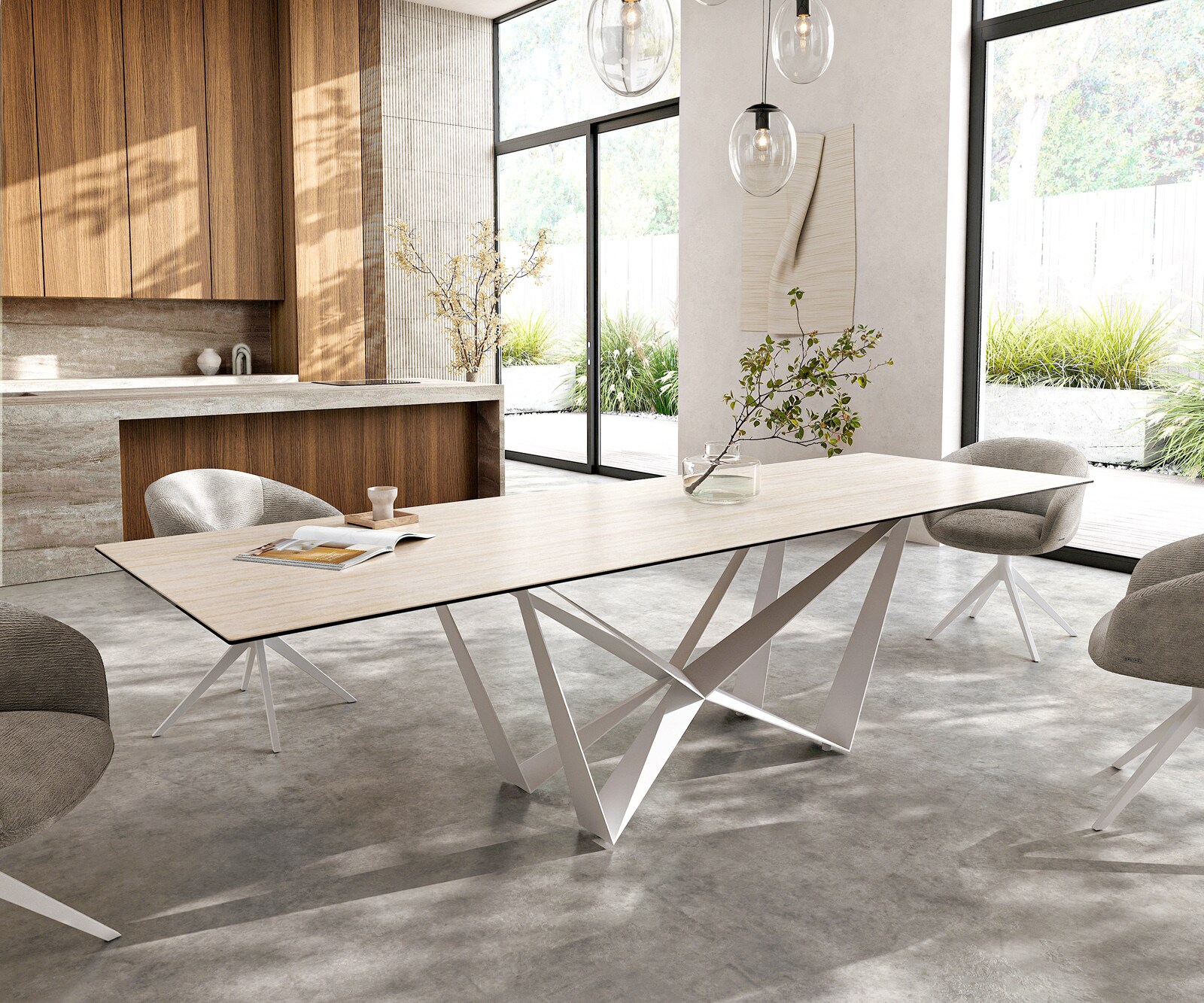 Esstisch Edge 300x100 Keramik Laminam® Travertino Bianco Creme-Weiß Spider Metall Weiß 8