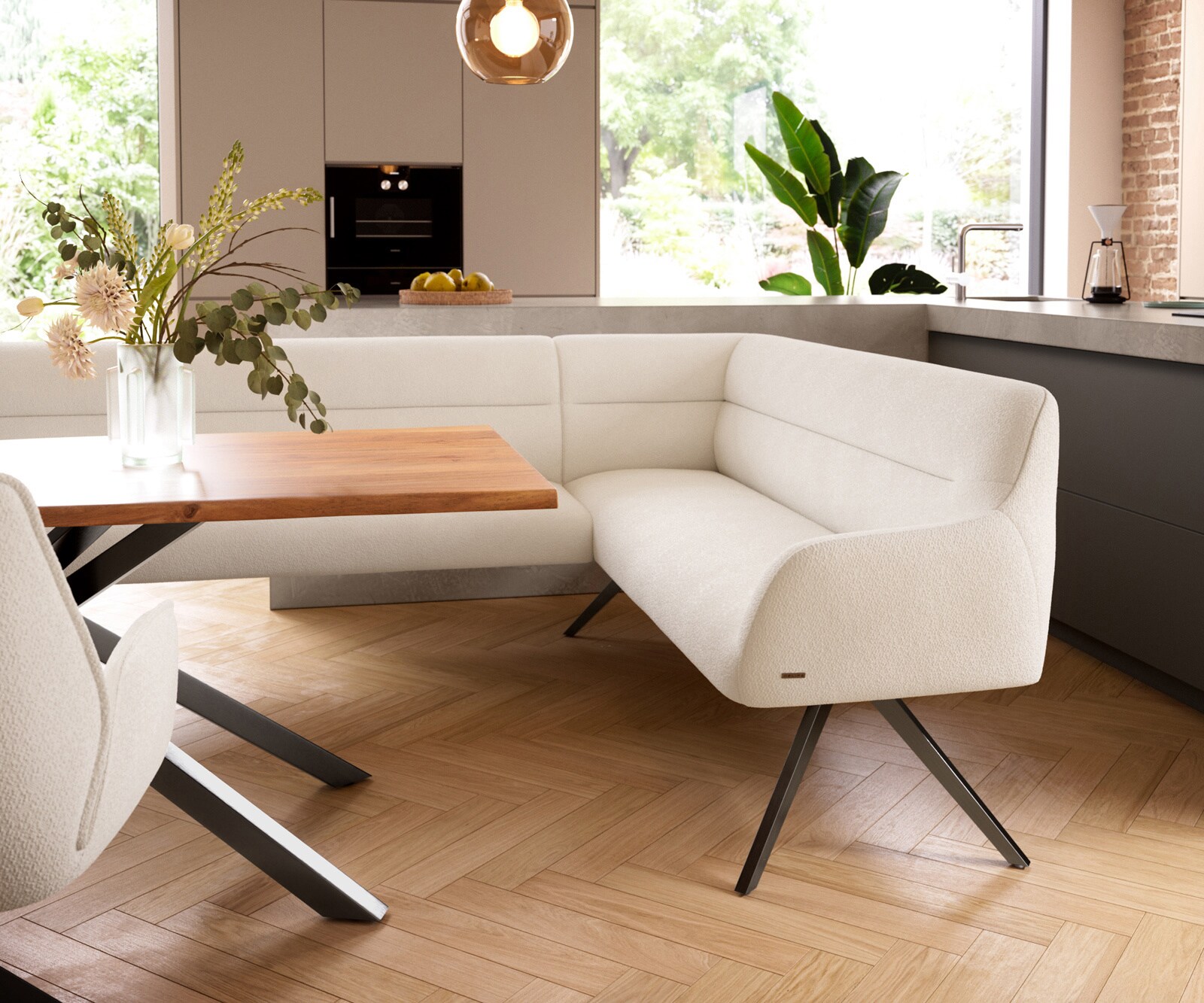 Esszimmerbank Taya-Flex 285x190 cm Bouclé Creme-Weiß Kreuzgestell kantig Graphit Taschenfederkern Links 4