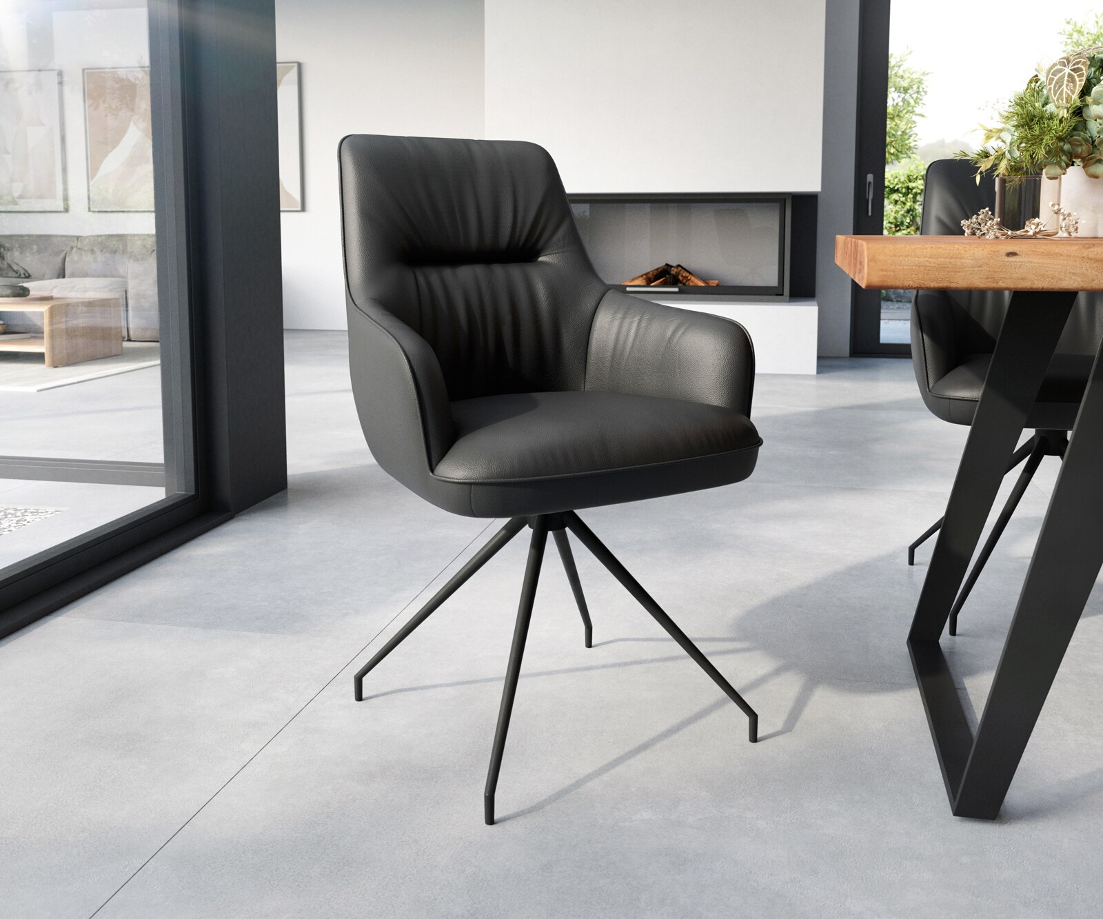 Esszimmerstuhl Zelia-Flex mit Armlehnen Echt-Leder Schwarz Kreuzgestell konisch Schwarz Taschenfederkern 1