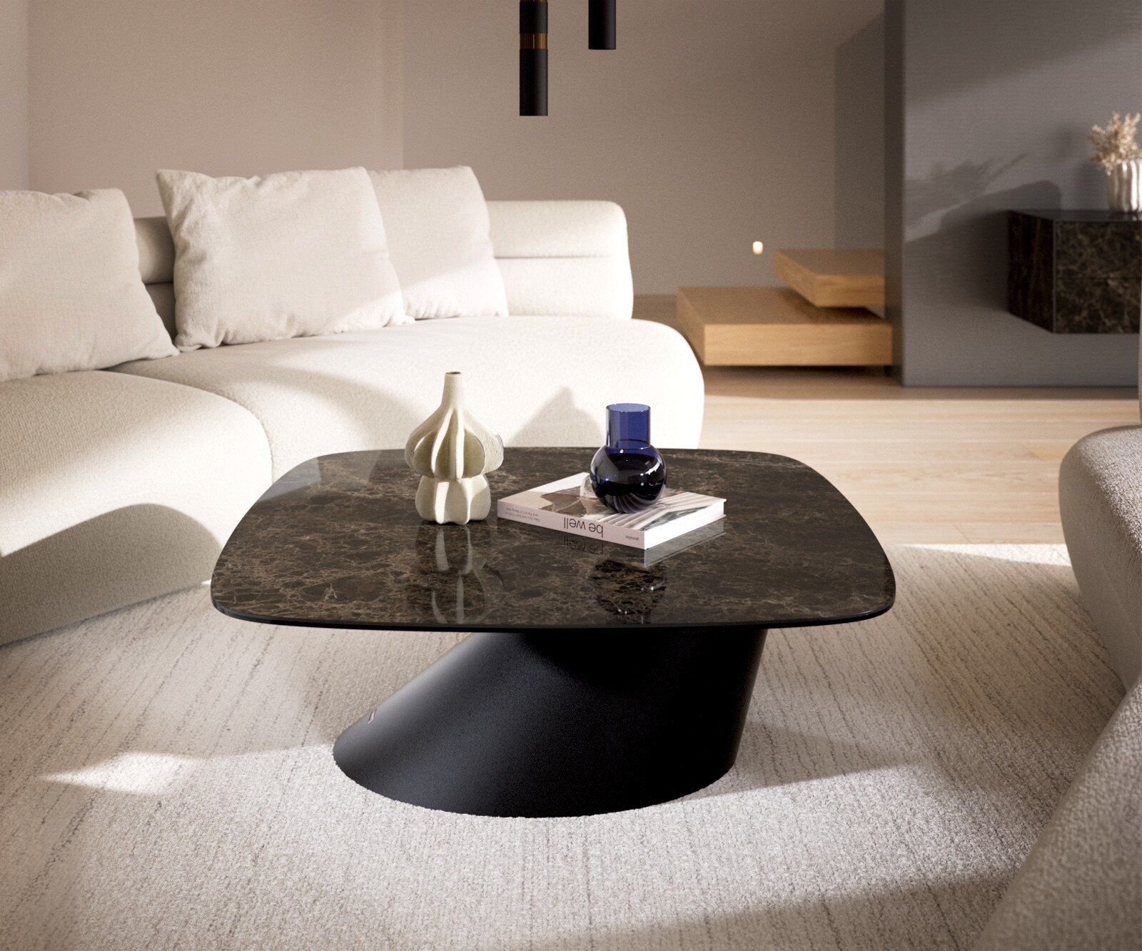 Table basse Edge bateau 90x90 cm céramique Emperador Extra Lucidato brun foncé Conis métal noir 2