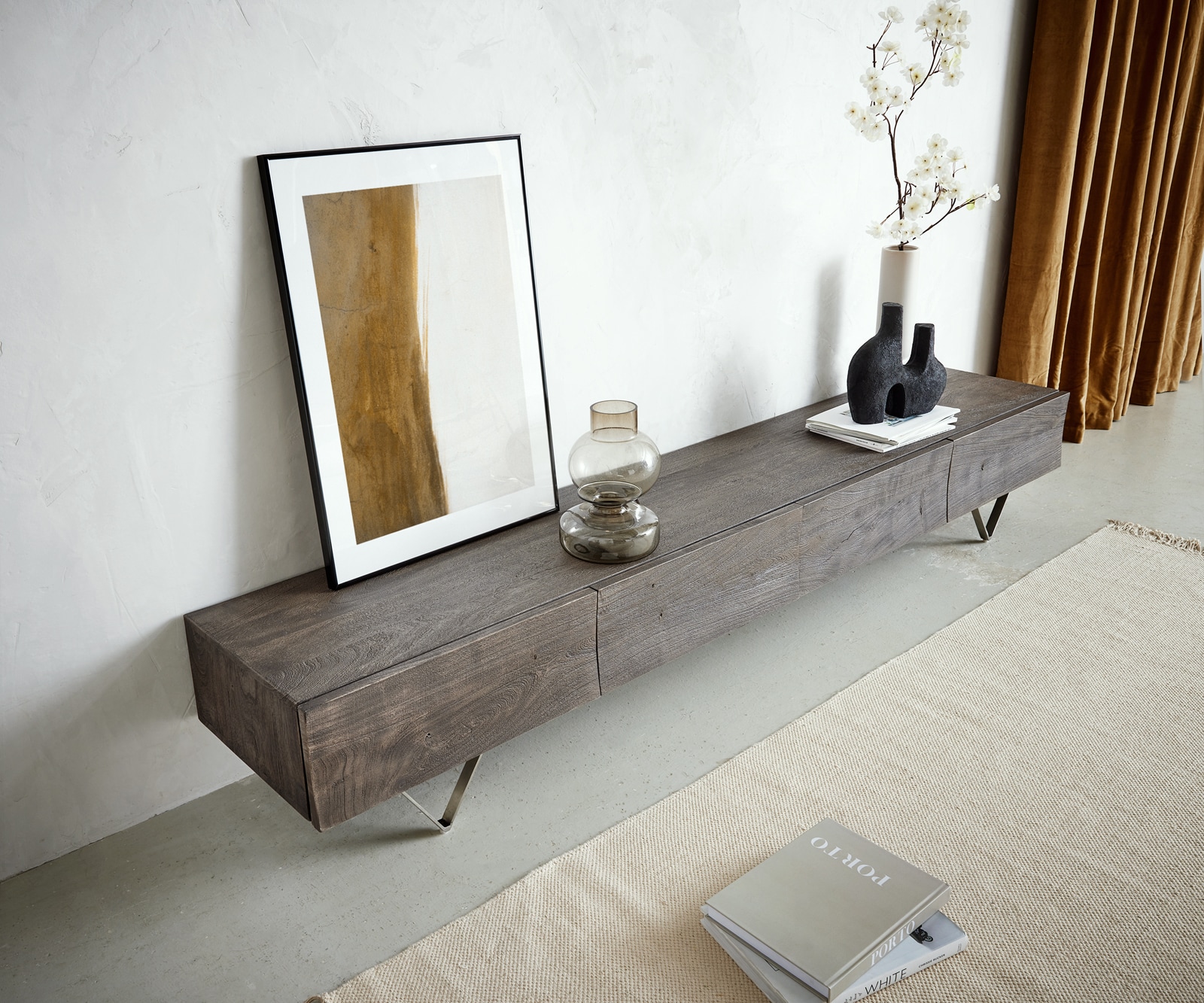 Lowboard Wyatt 220 cm Akazie Platin 4 Schübe V-Fuß Edelstahl 3 Lowboard Wyatt 220 cm Akazie Platin 4 Schübe V-Fuß Edelstahl 3