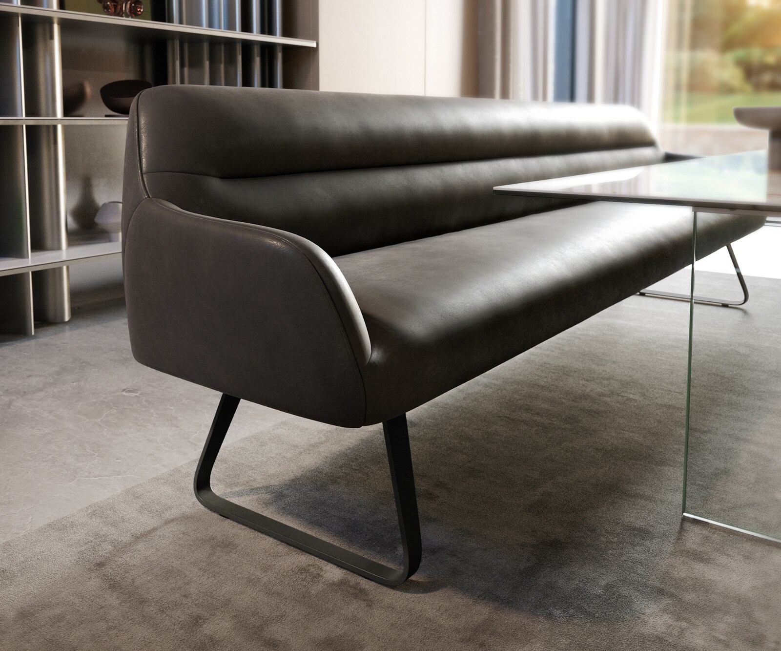 Banc-de-salle-à-manger Taya-Flex 300 cm microfibre antracite vintage châssis à patins plat noir ressort ensaché 5
