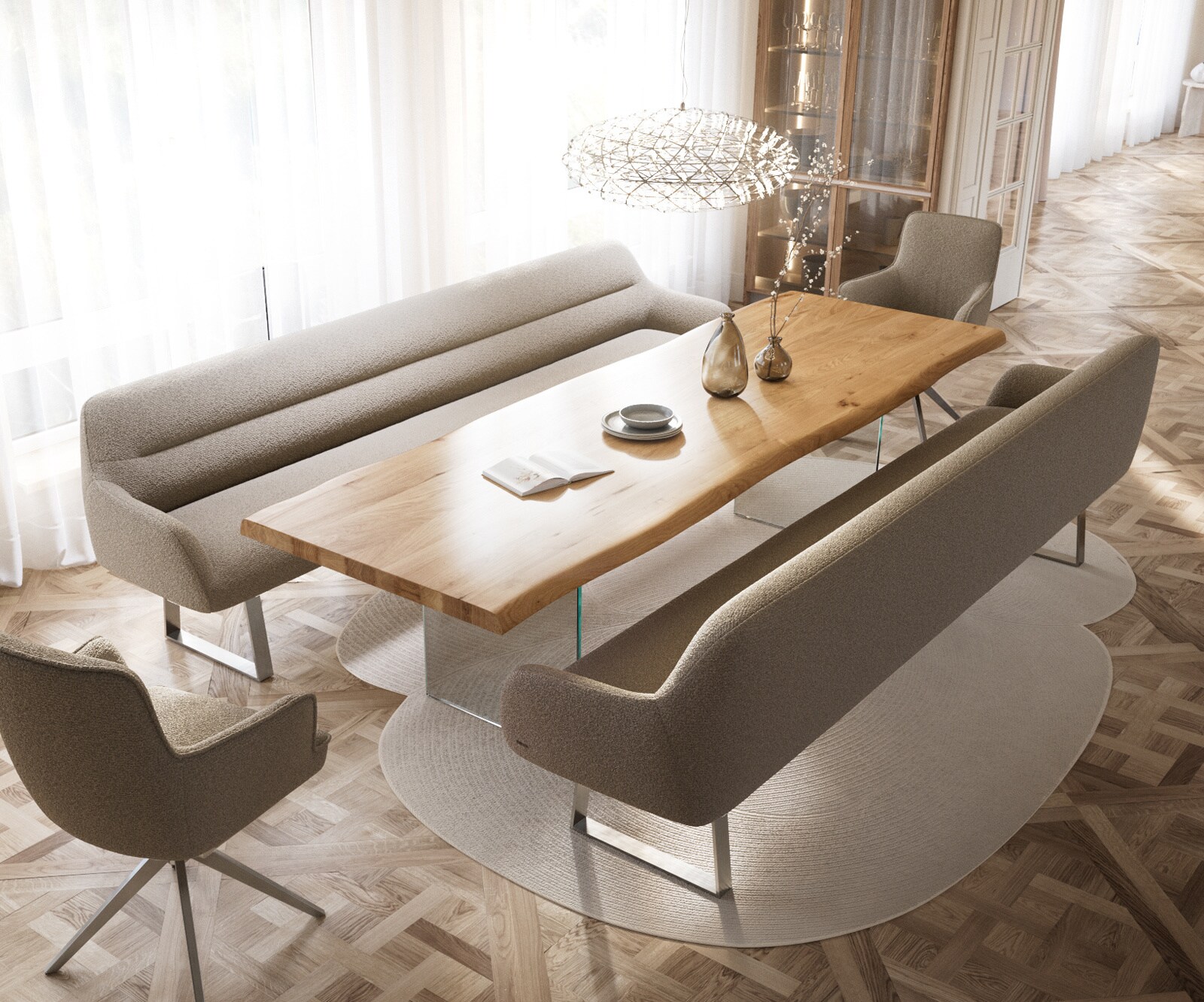 Esszimmerbank Taya-Flex 300 cm Bouclé Schlamm Kufengestell kantig Edelstahl Taschenfederkern 3