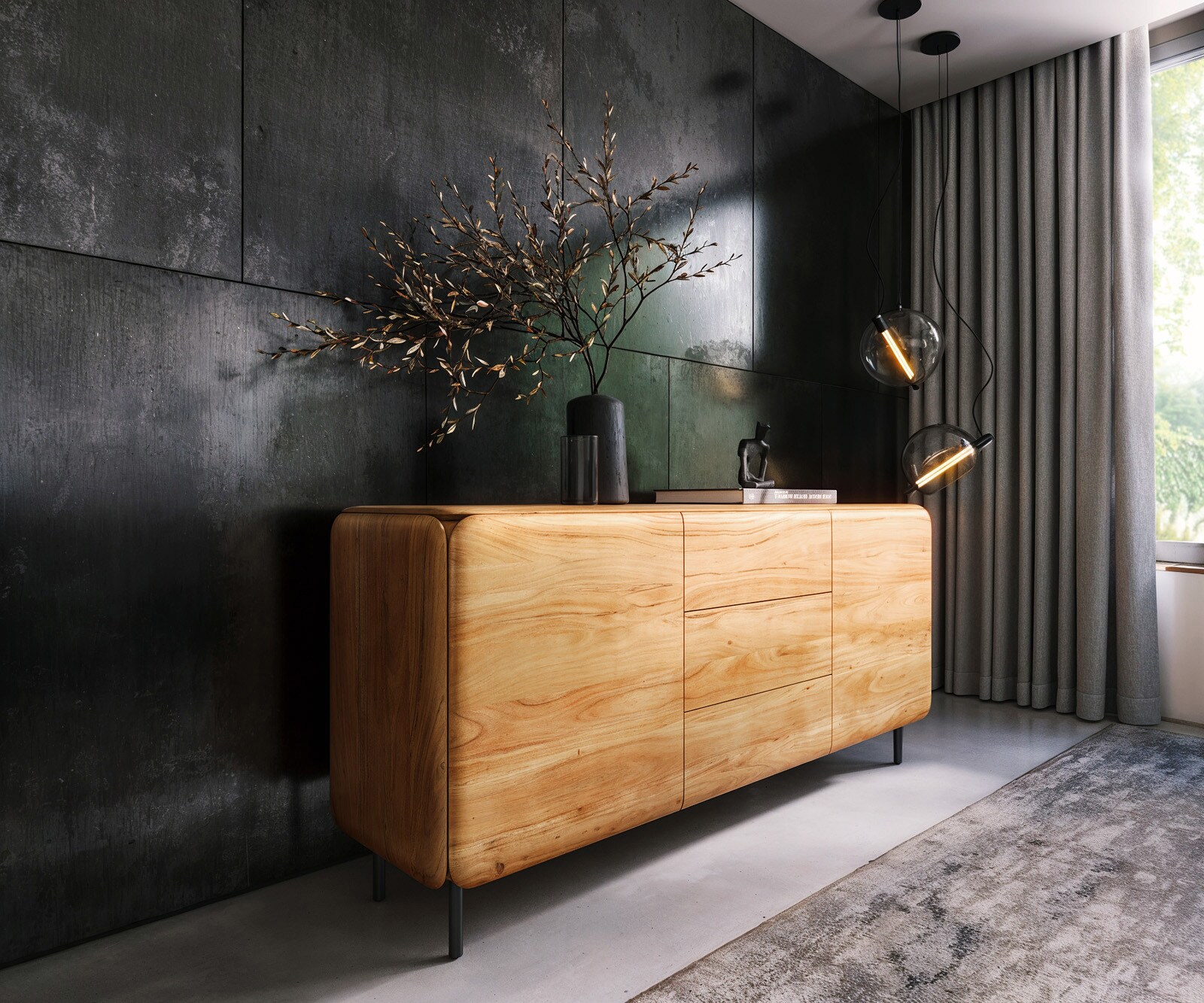 Buffet Shavani 175 cm Acacia naturel 2 portes 3 tiroirs Pieds ronds Métal Noir