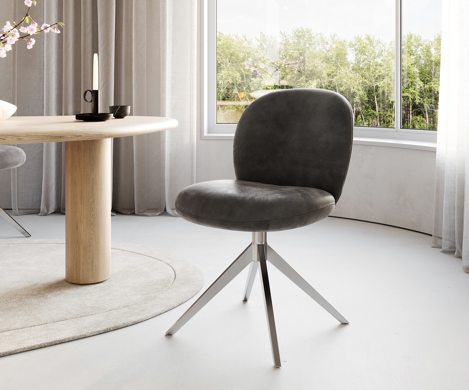 Chaise-pivotante Nube-Flex microvelours anthracite vintage pied croisé large acier inoxydable brossé pivotement sur 360° ressorts ensachés Chaise-pivotante Nube-Flex microvelours anthracite vintage pied croisé large acier inoxydable brossé pivotement sur 360° ressorts ensachés