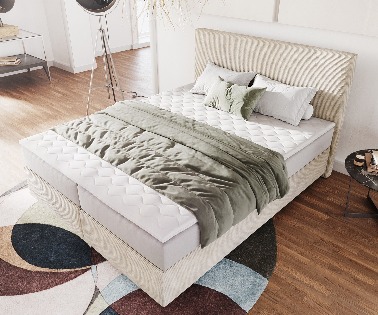 Lit-à-sommier-tapissier Dream-Well 160x200 cm Velours côtelé Beige avec matelas à ressorts ensachés et surmatelas Visco 3
