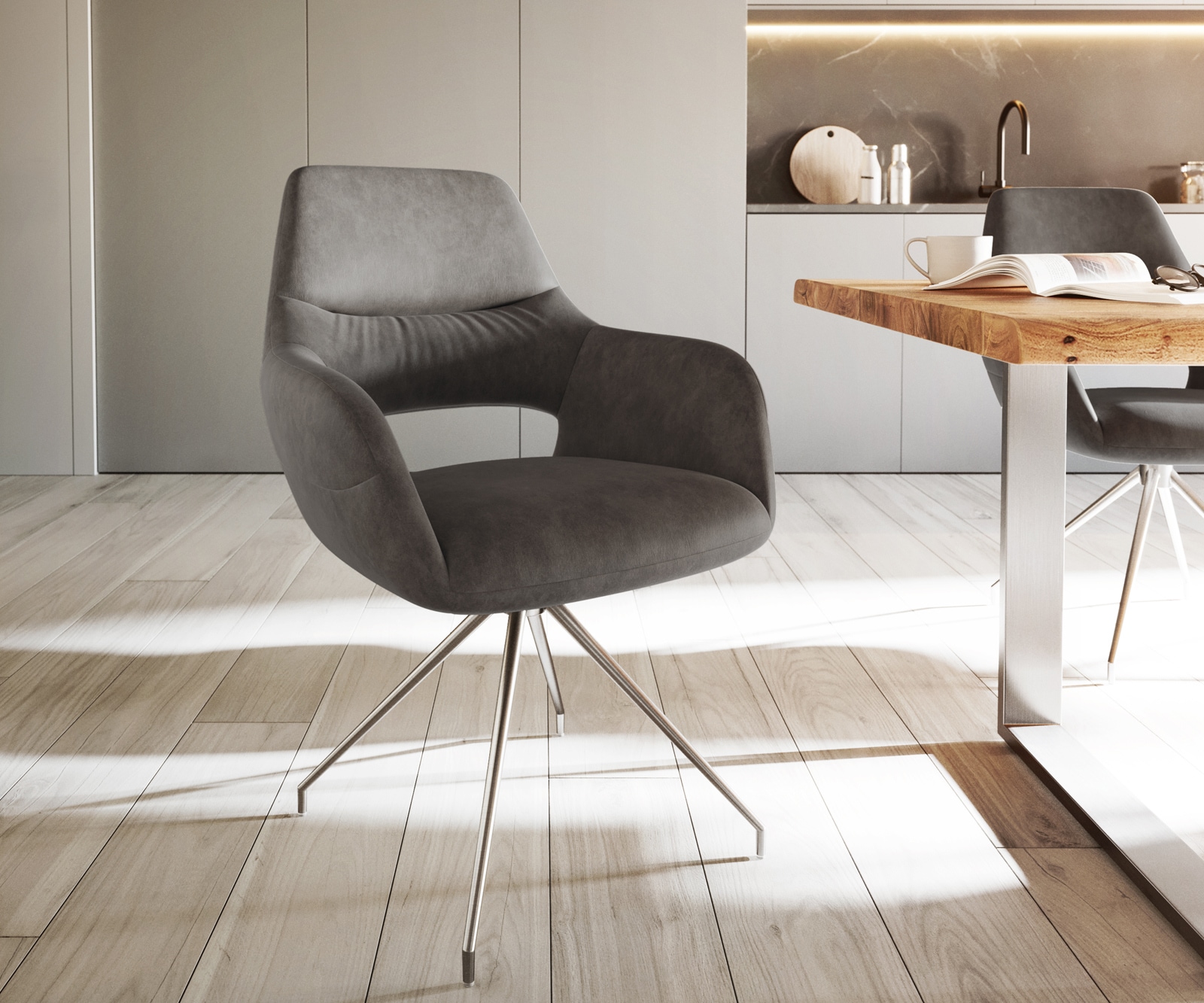 Esszimmerstuhl Yago-Flex mit Armlehnen Mikrofaser Anthrazit Vintage Kreuzgestell konisch Edelstahl Taschenfederkern Esszimmerstuhl Yago-Flex mit Armlehnen Mikrofaser Anthrazit Vintage Kreuzgestell konisch Edelstahl Taschenfederkern