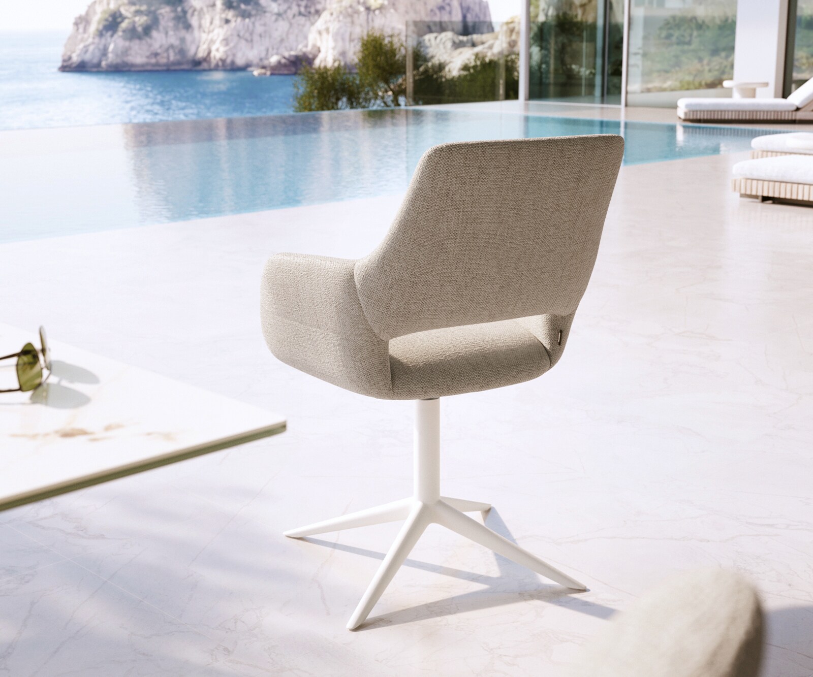 Chaise-d'extérieur Yago-Flex avec accoudoirs tissu texturé gris-blanc pied de chaise 4 branches blanc pivotement sur 360° fonction bascule 4