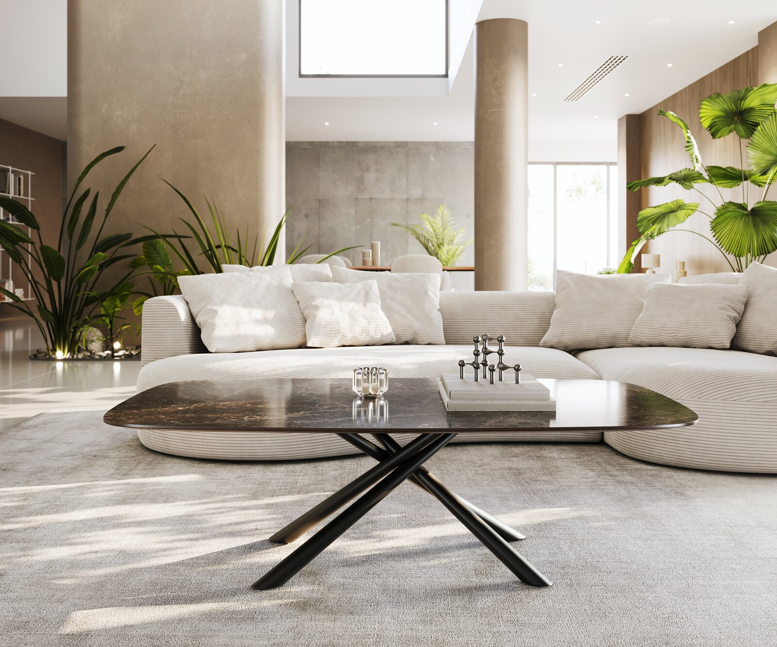 Table basse Edge bateau 140x80 cm céramique Emperador Extra Lucidato brun foncé Sarity métal noir 2