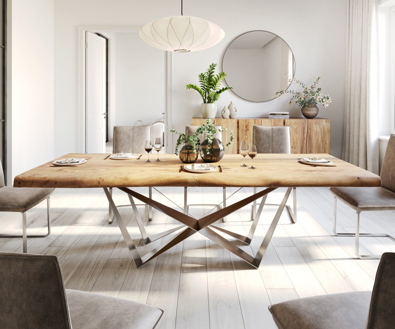 Table à manger Edge 260x100 XL acacia nature Spider acier plat acier inoxydable Live-Edge 2