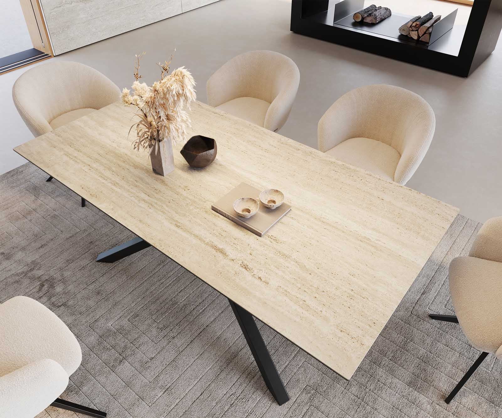 Table à manger Edge 200x100 céramique Travertin nature cadre croisé rectangulaire noir 5