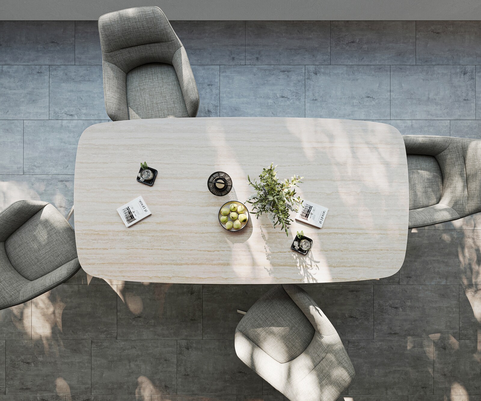 Outdoortisch Edge Boot 200x100 cm Keramik Laminam® Travertino Bianco Creme-Weiß Kreuzgestell Rechteck Edelstahl 5