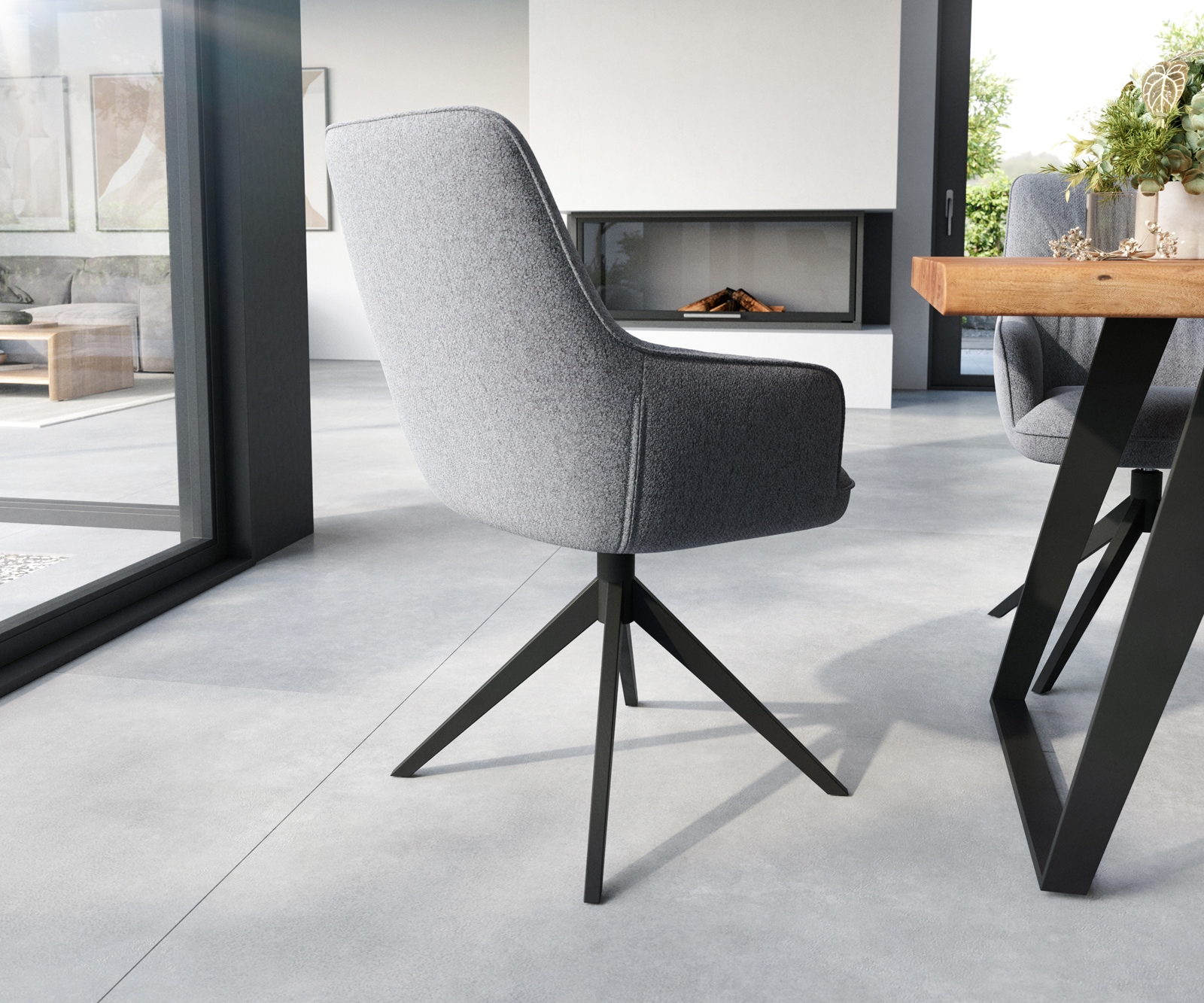 Esszimmerstuhl Zelia-Flex mit Armlehnen Strukturstoff Hellgrau Kreuzgestell breit Schwarz Taschenfederkern 5