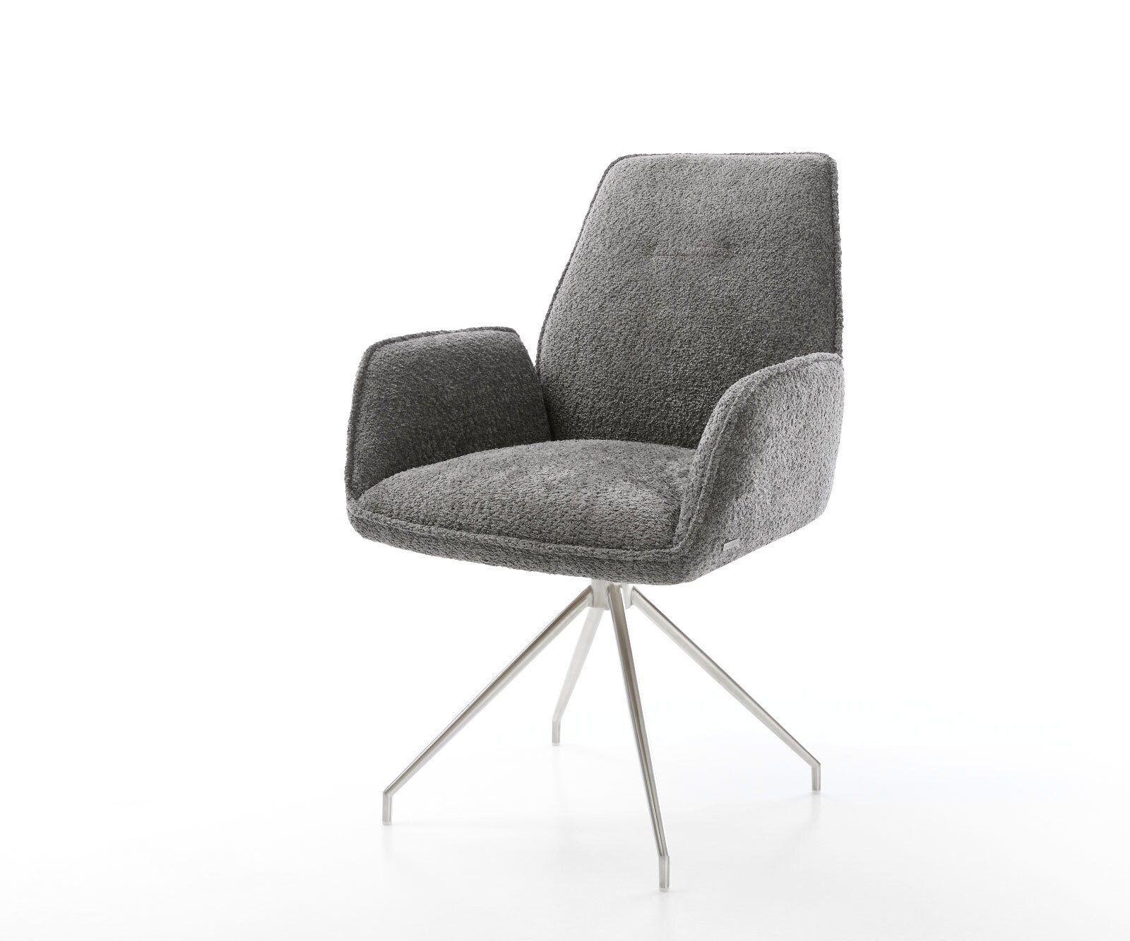Drehstuhl Zoa-Flex Bouclé Grau Kreuzgestell konisch Edelstahl 180° drehbar