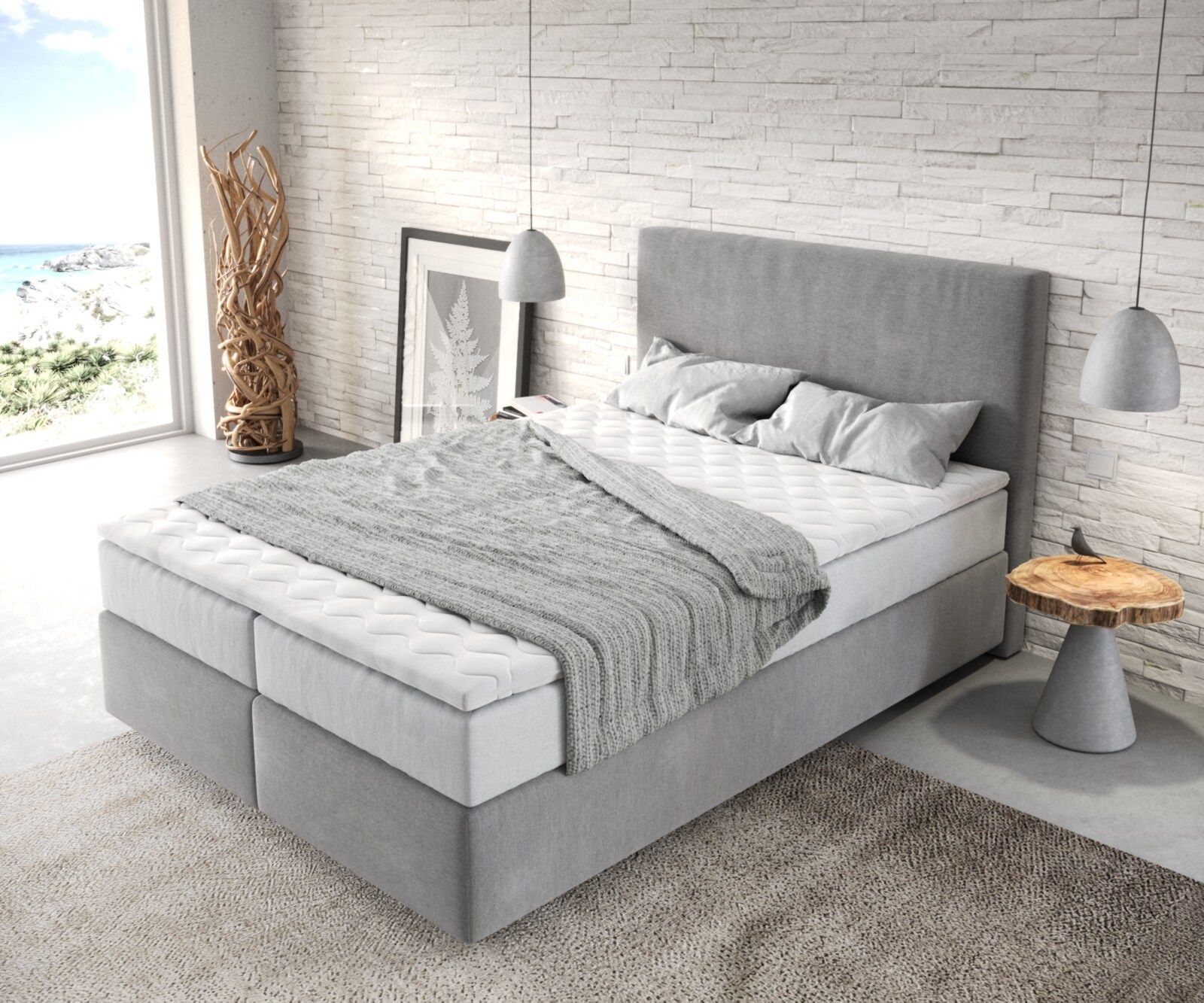 Boxspringbett Dream-Well 140x200 cm Mikrofaser Grau mit TFK Matratze und Visco Topper 3