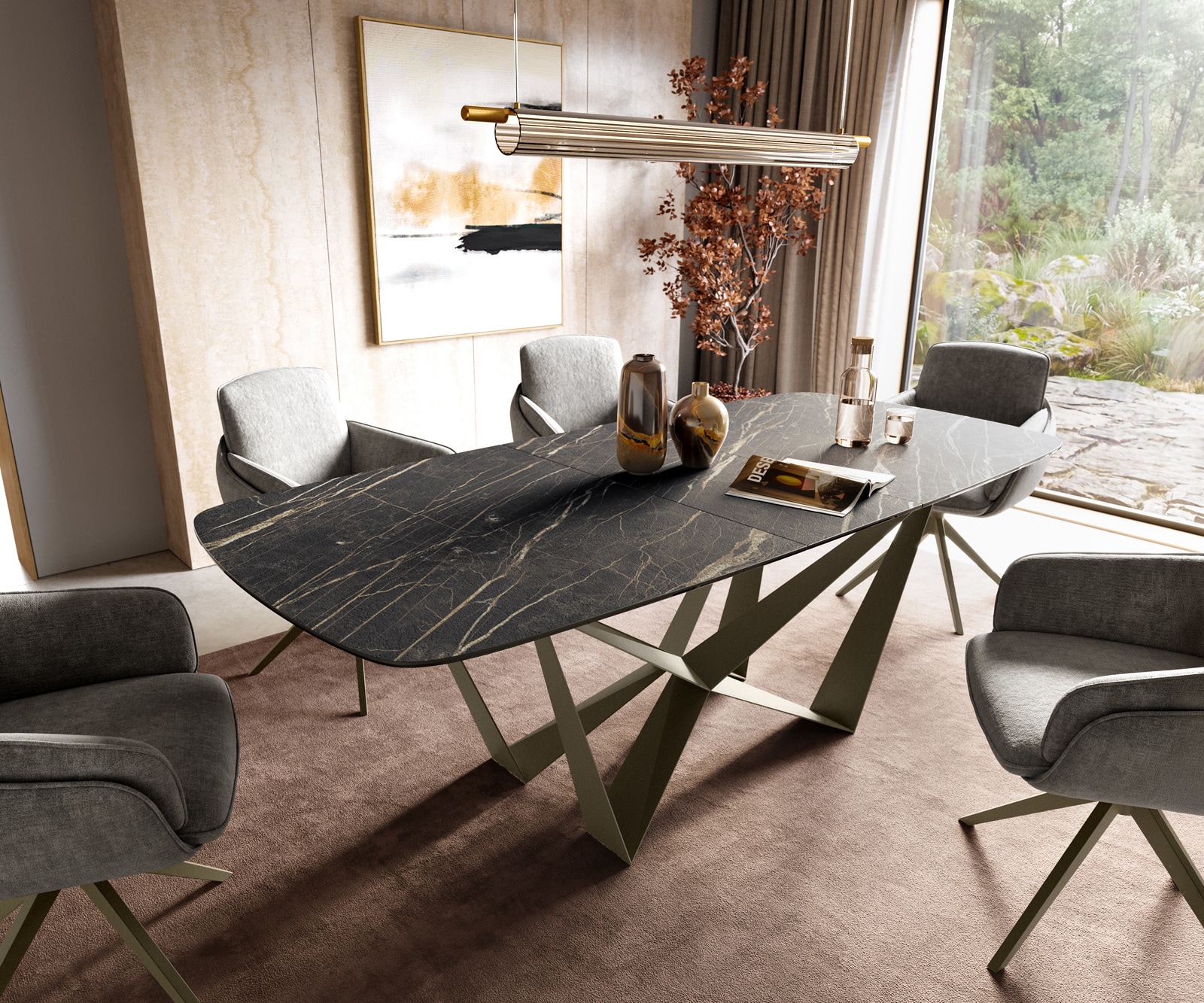 Esszimmertisch Edge Boot 180-220x100 cm Laminam® Keramik Noir Desir Braun Spider Metall Effektfinish Titan ausziehbar