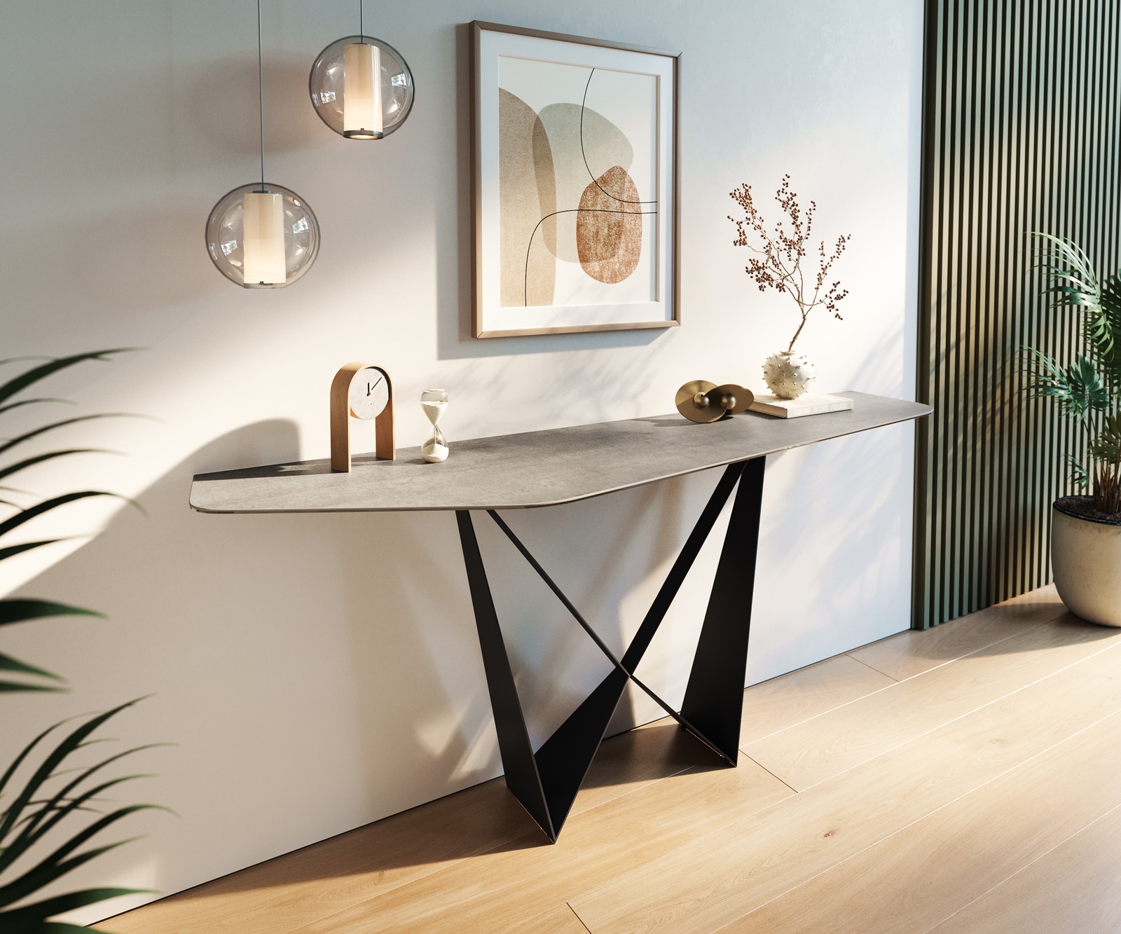 Console Edge Polygonal 180x50 cm Céramique Gris béton Livos Métal Noir 1