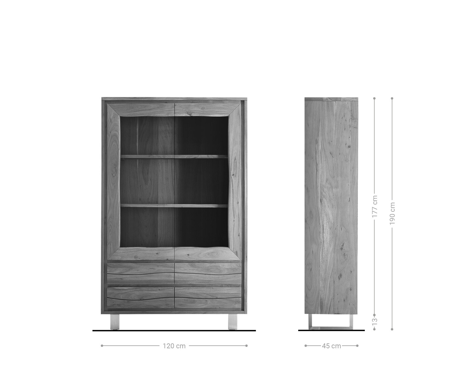 Vitrine Live-Edge 120x190 cm Akazie Natur gerade Kante 2 Türen 4 Schubladen Massiv 10