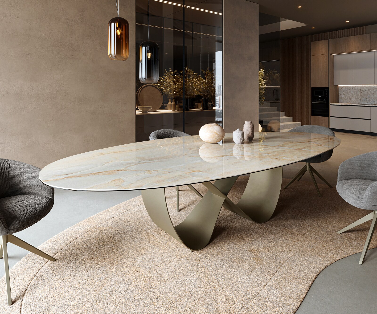 Table à manger Edge Oval 315x150 cm Céramique Iris FMG Onice Oro Infinity Métal Finition effet Titan