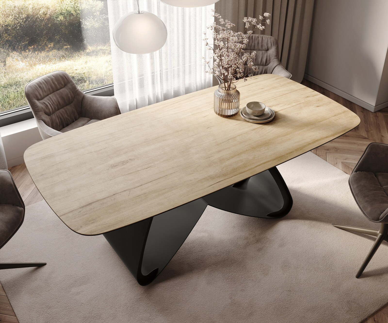 Esstisch Edge Boot 200x100 Keramik Laminam® Sabbia Eichefarbig W-Gestell Metall Schwarz 4