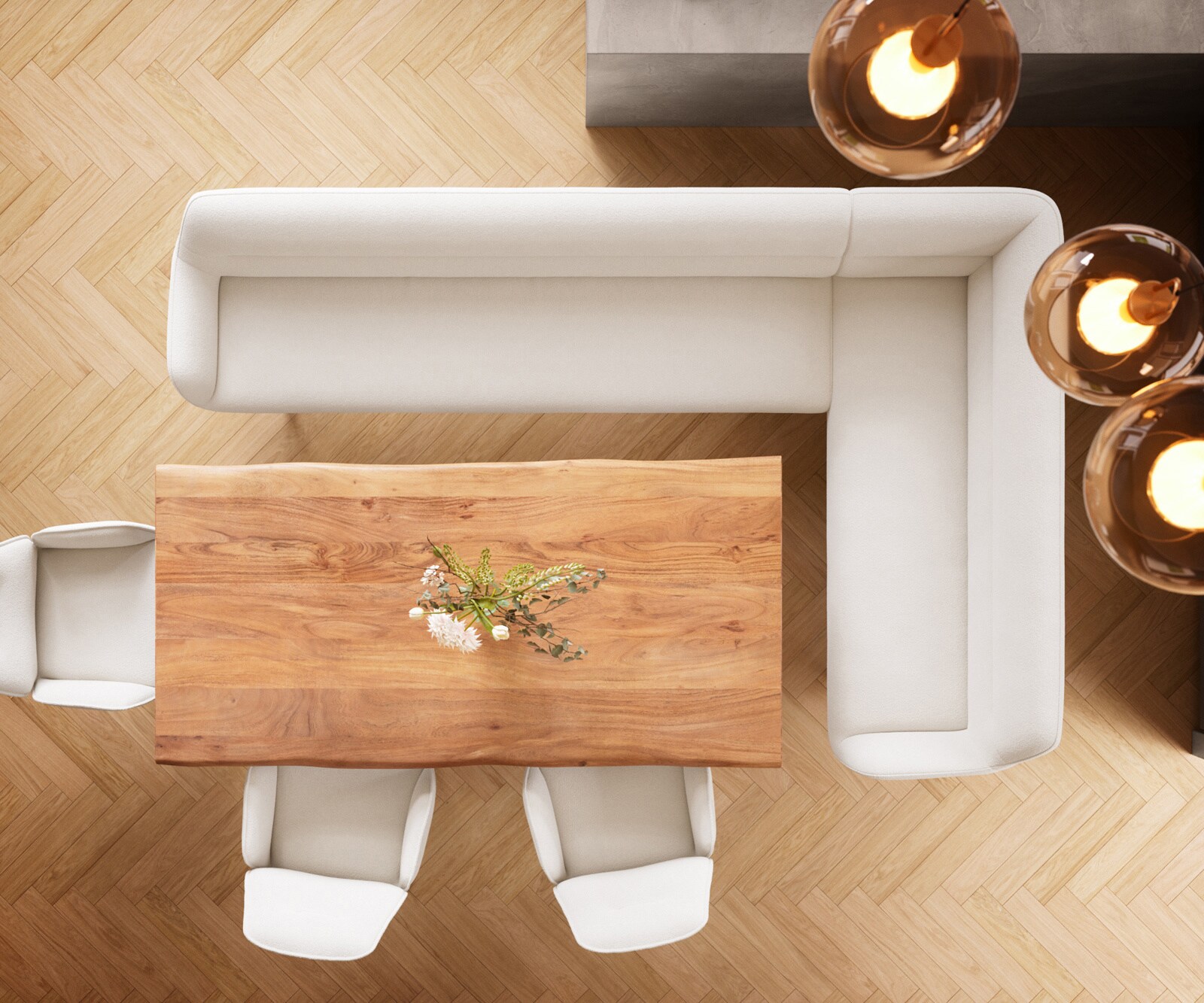 Banc-de-salle-à-manger Taya-Flex 285x190 cm bouclé crème-blanc pied croisé angulaire noir ressort ensaché liens 6